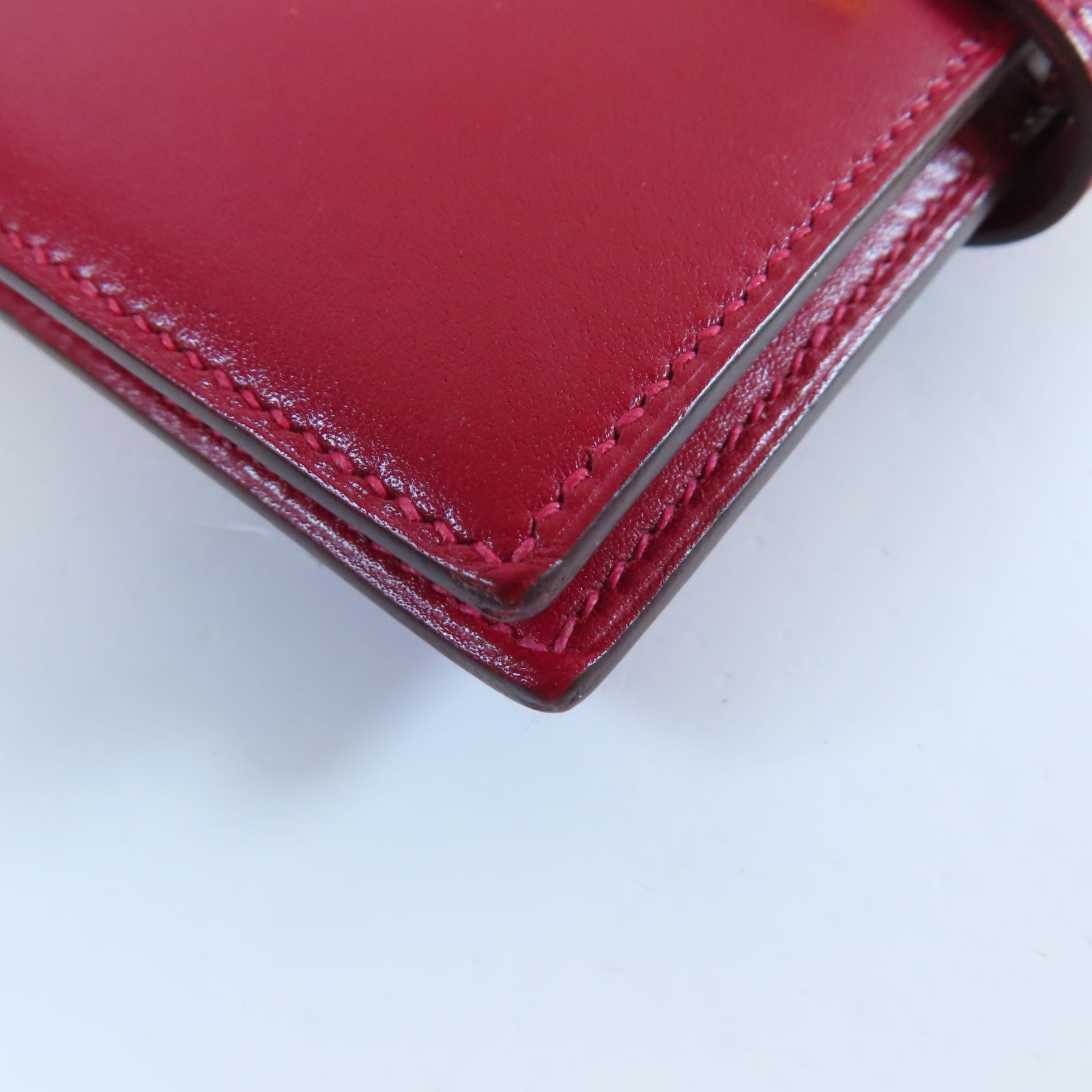 HERMES **【清倉大減價】Box Calf皮革Bearn Compact Wallet金扣錢包Rouge Casaque法拉利紅色