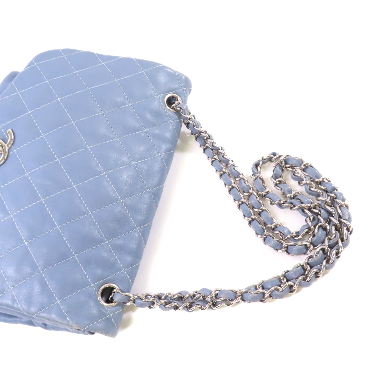 CHANEL 菱格羊皮皮革Chain Shoulder Bag銀扣鏈帶肩背袋灰藍色
