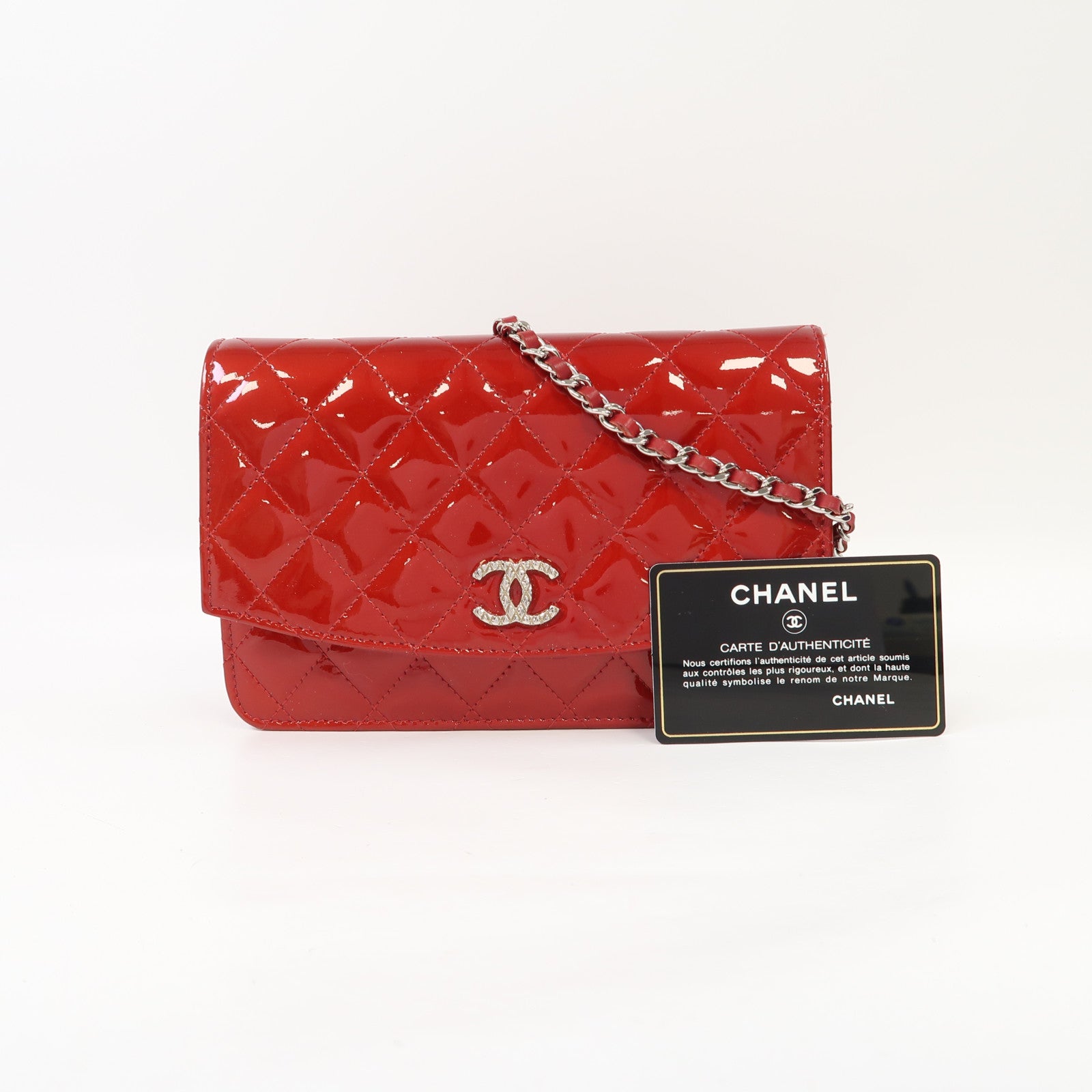 CHANEL 菱格漆皮皮革Wallet On Chain銀扣鏈帶肩背袋紅色