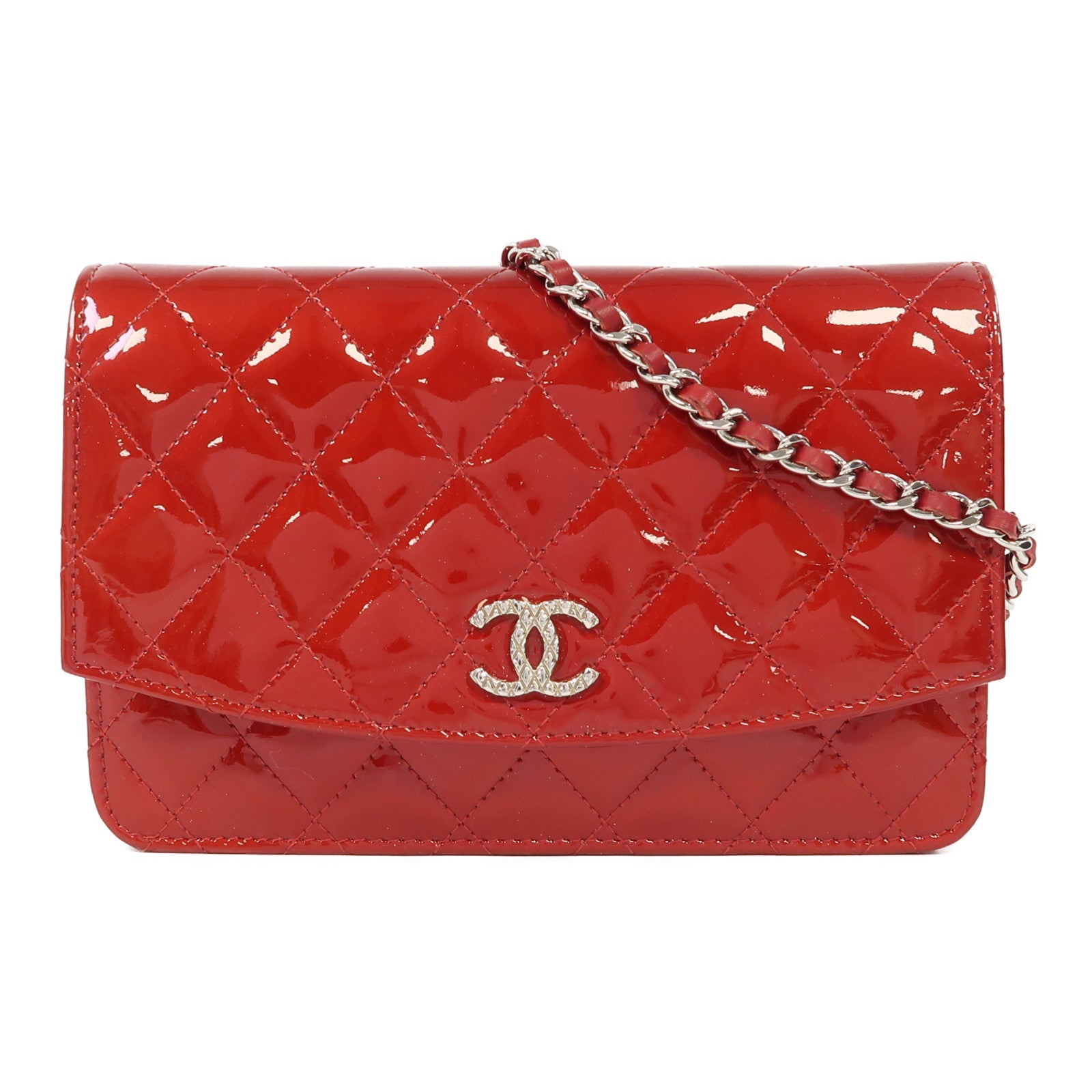 CHANEL 菱格漆皮皮革Wallet On Chain銀扣鏈帶肩背袋紅色