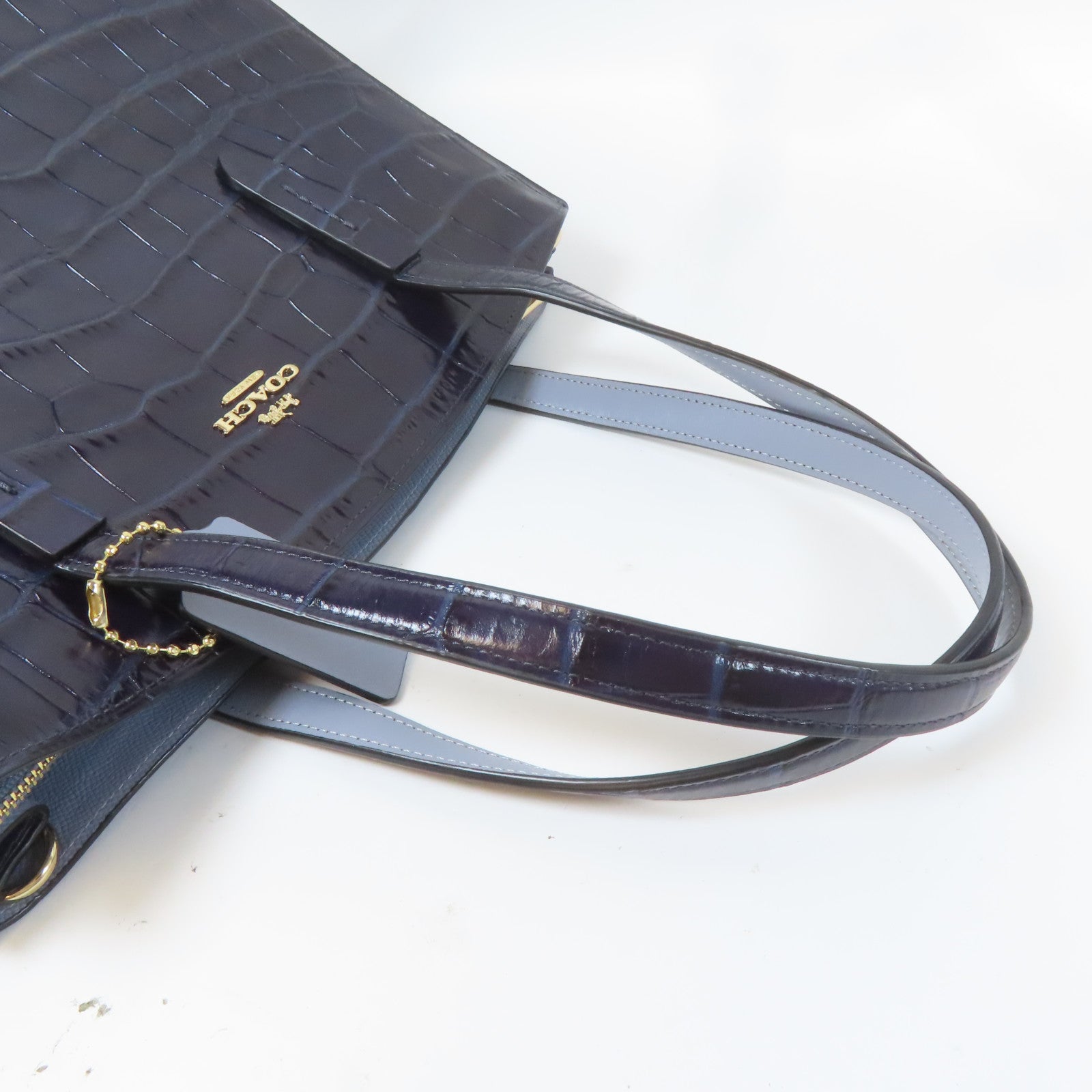 COACH 牛皮皮革2Way Shoulder銀扣手挽肩背兩用袋深藍色
