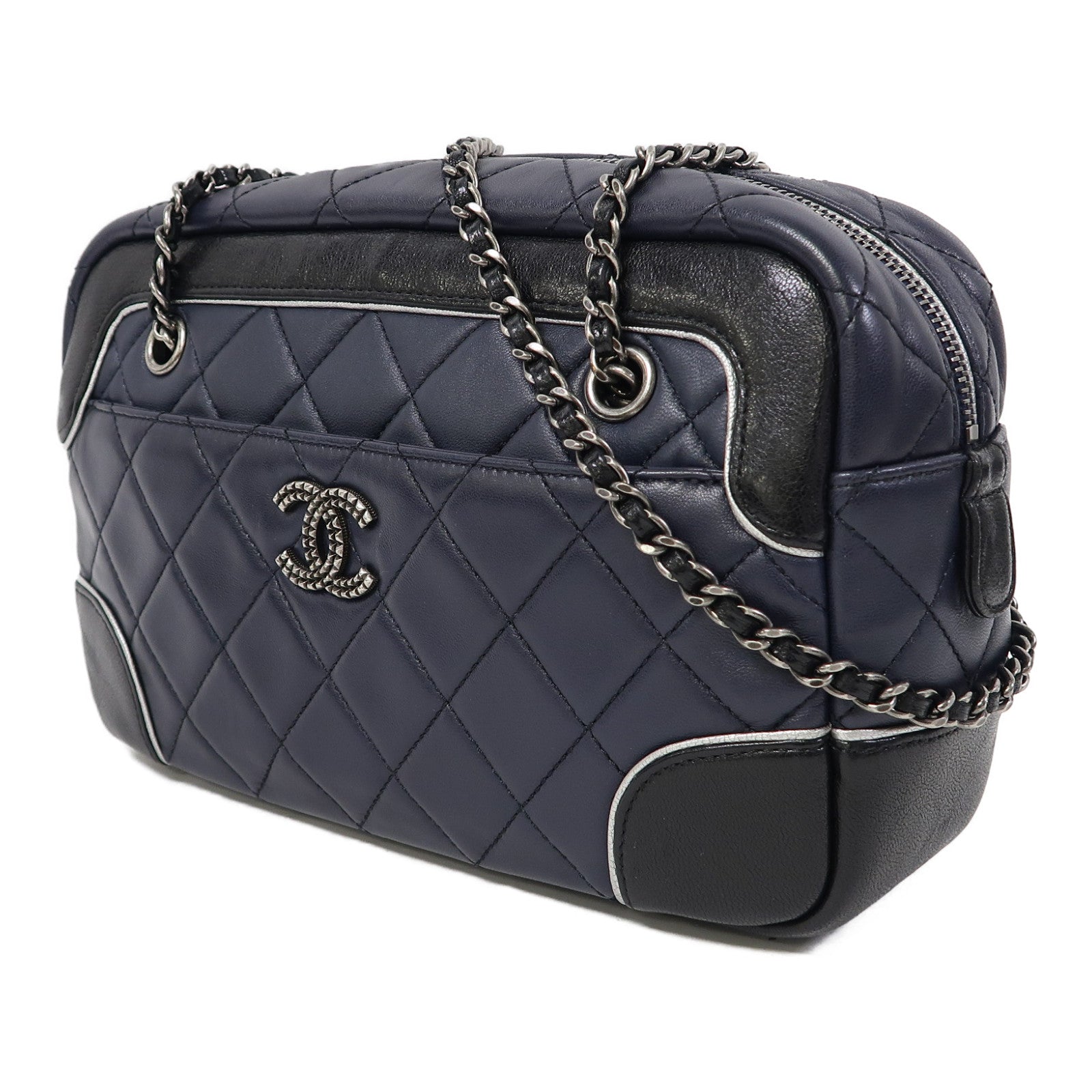 CHANEL 【激減優惠】菱格羊皮皮革Shoulder Bag銀扣鏈帶肩背袋藍色