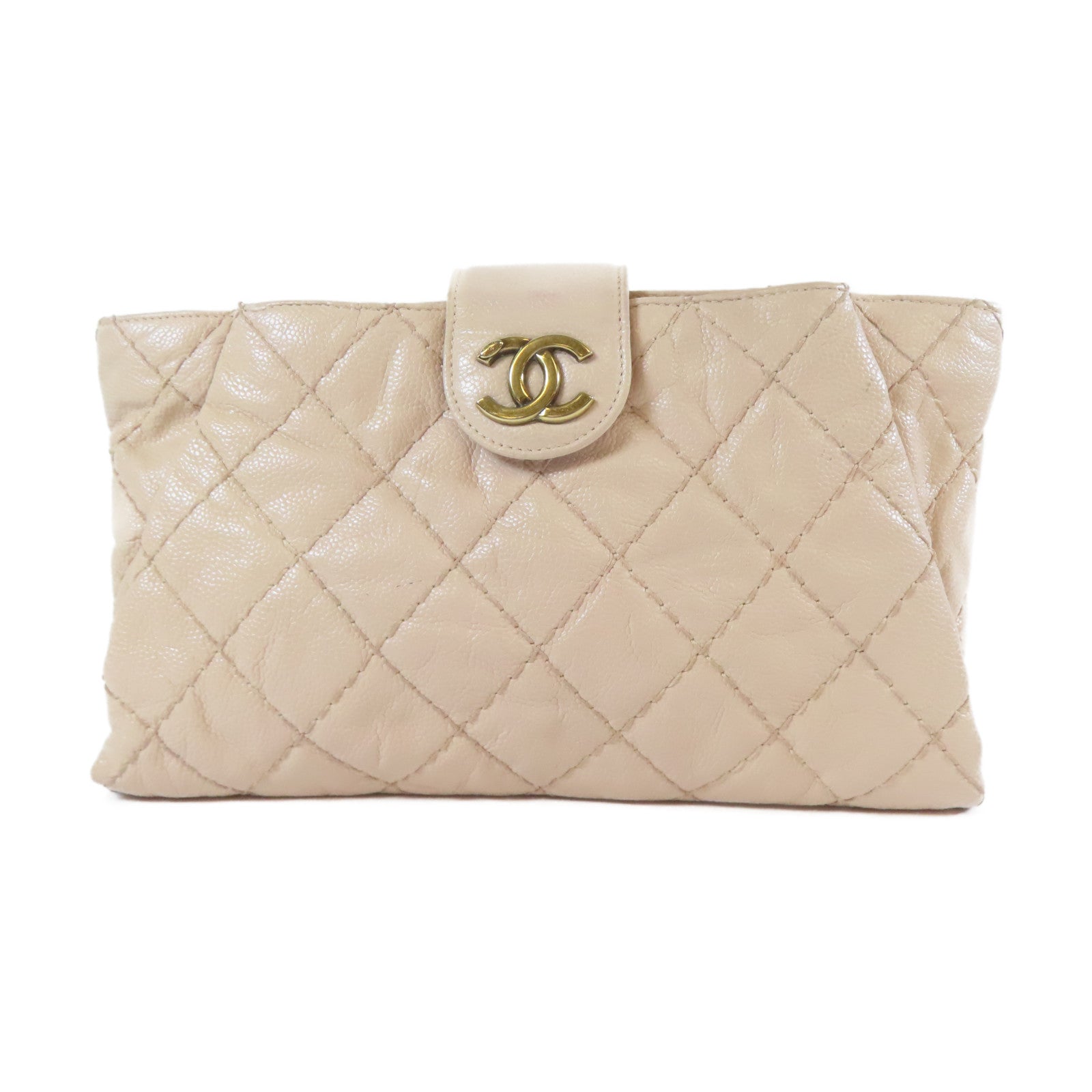 CHANEL 【激減優惠】菱格牛皮皮革Pouch金扣手拿包粉紅色