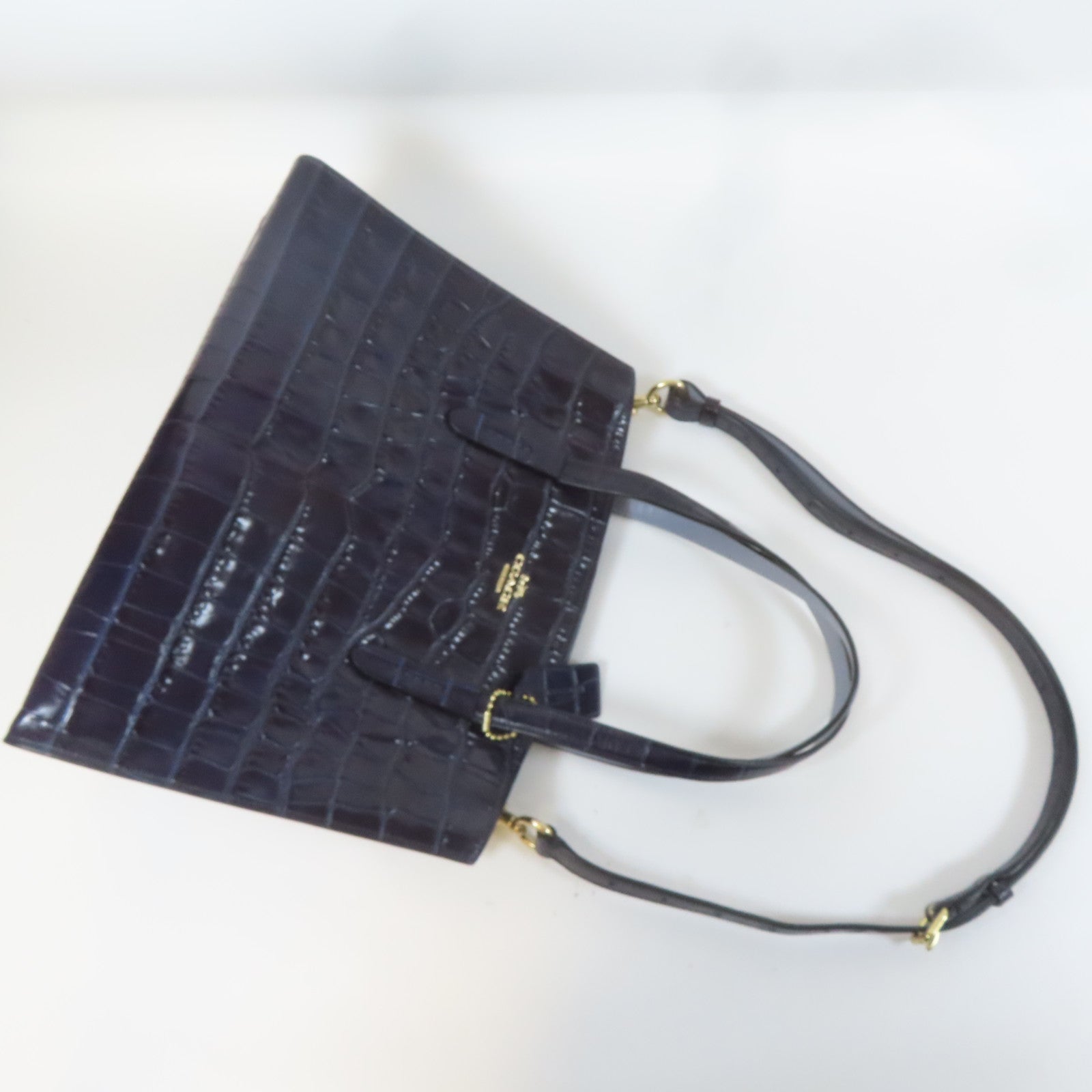 COACH 牛皮皮革2Way Shoulder銀扣手挽肩背兩用袋深藍色