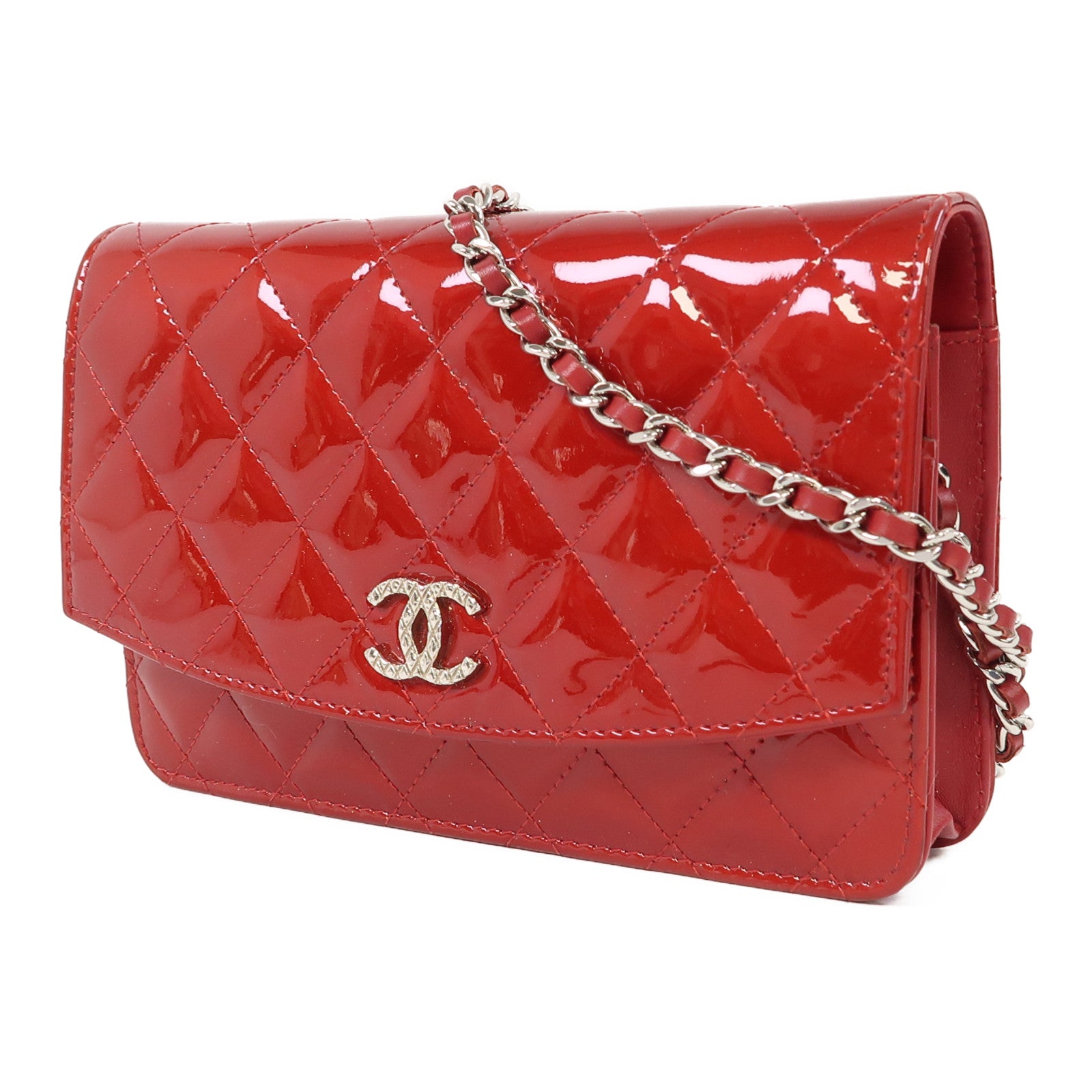 CHANEL 菱格漆皮皮革Wallet On Chain銀扣鏈帶肩背袋紅色
