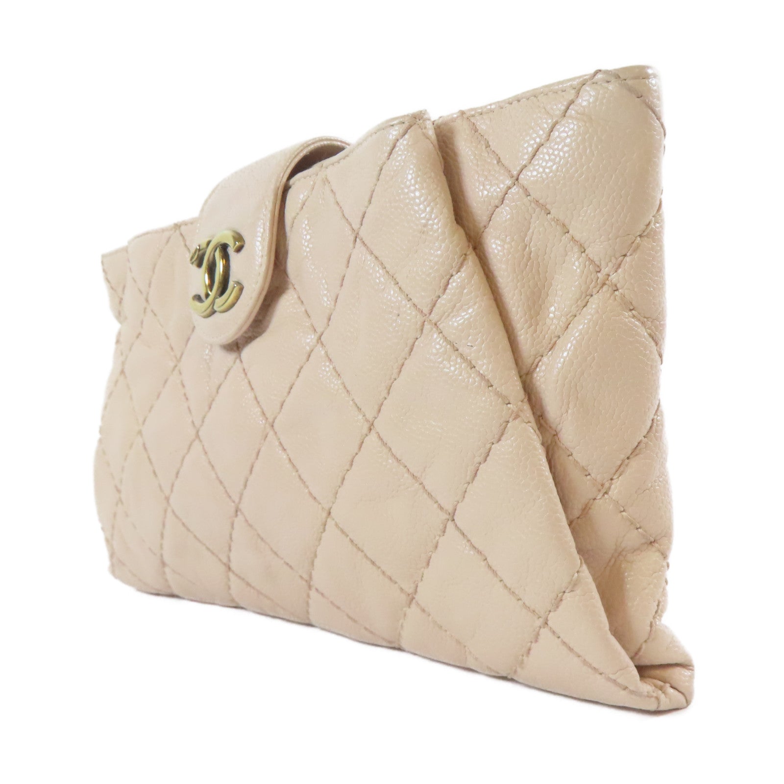 CHANEL 【激減優惠】菱格牛皮皮革Pouch金扣手拿包粉紅色