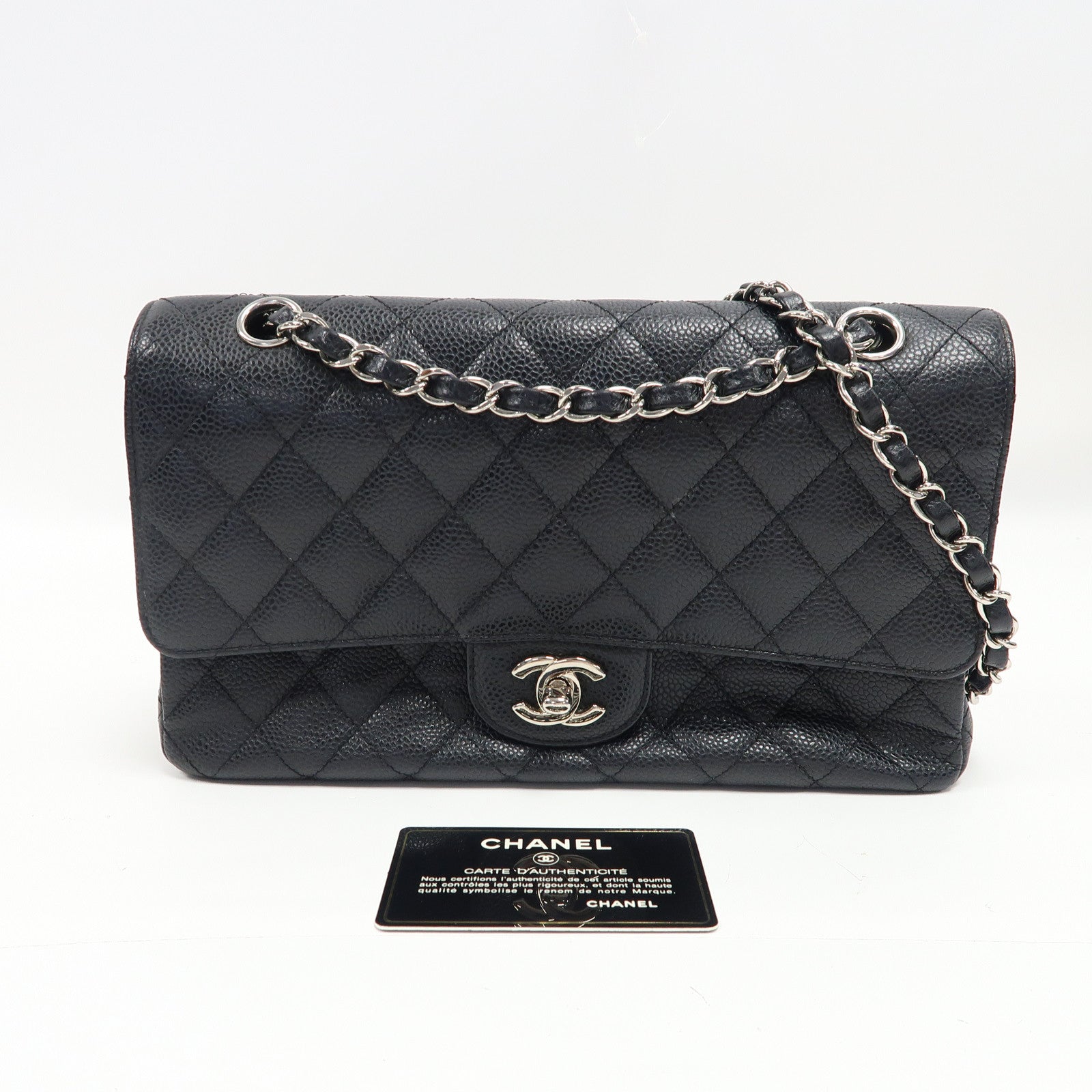 CHANEL 菱格Caviar皮革Classic 25銀扣鏈帶肩背袋黑色