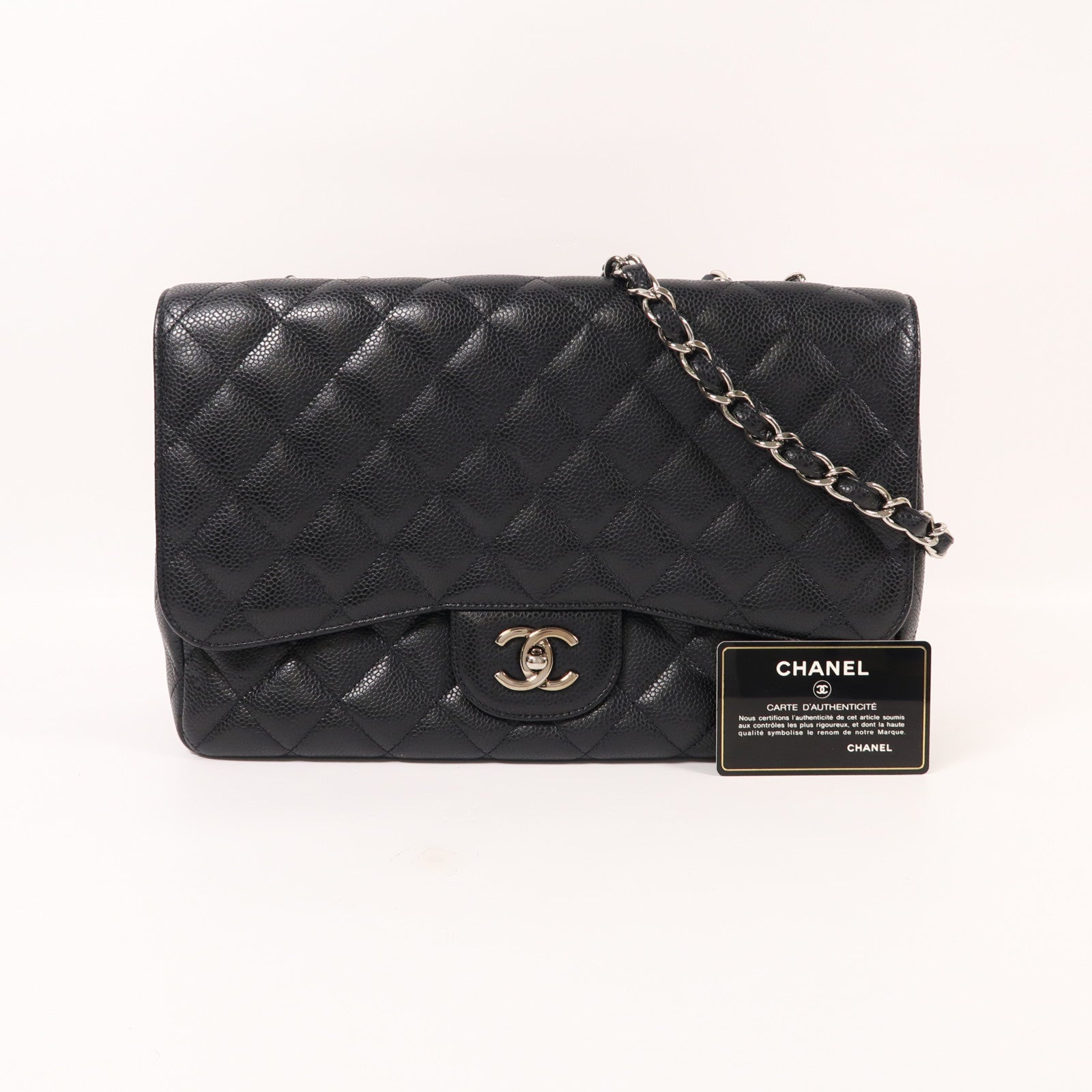 CHANEL 牛皮皮革Large Classic銀扣鏈帶肩背袋