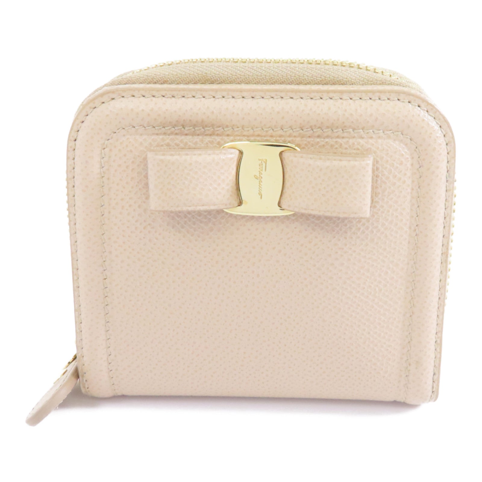 Salvatore Ferragamo 牛皮皮革Zipped Wallet金扣錢包米色