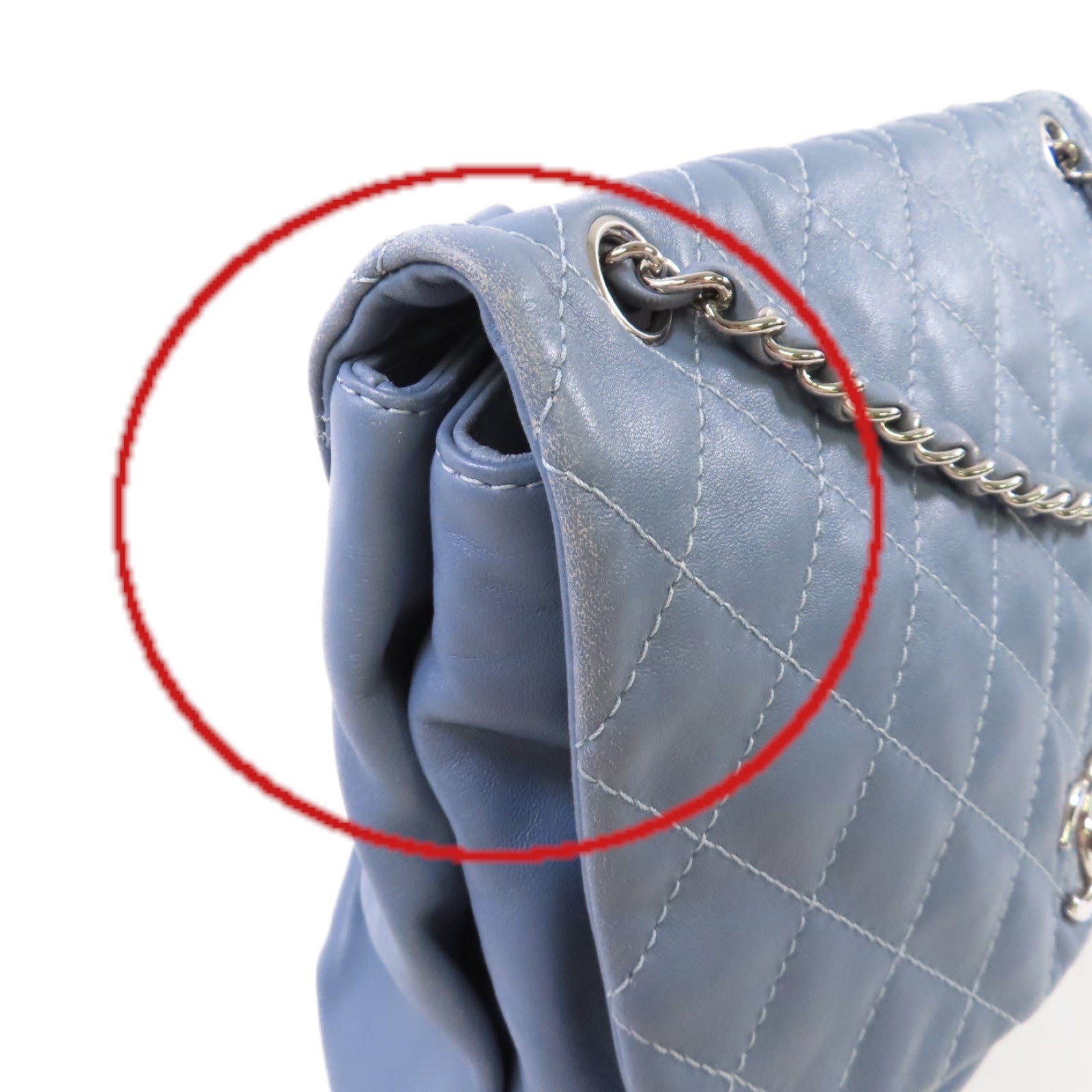 CHANEL 菱格羊皮皮革Chain Shoulder Bag銀扣鏈帶肩背袋灰藍色