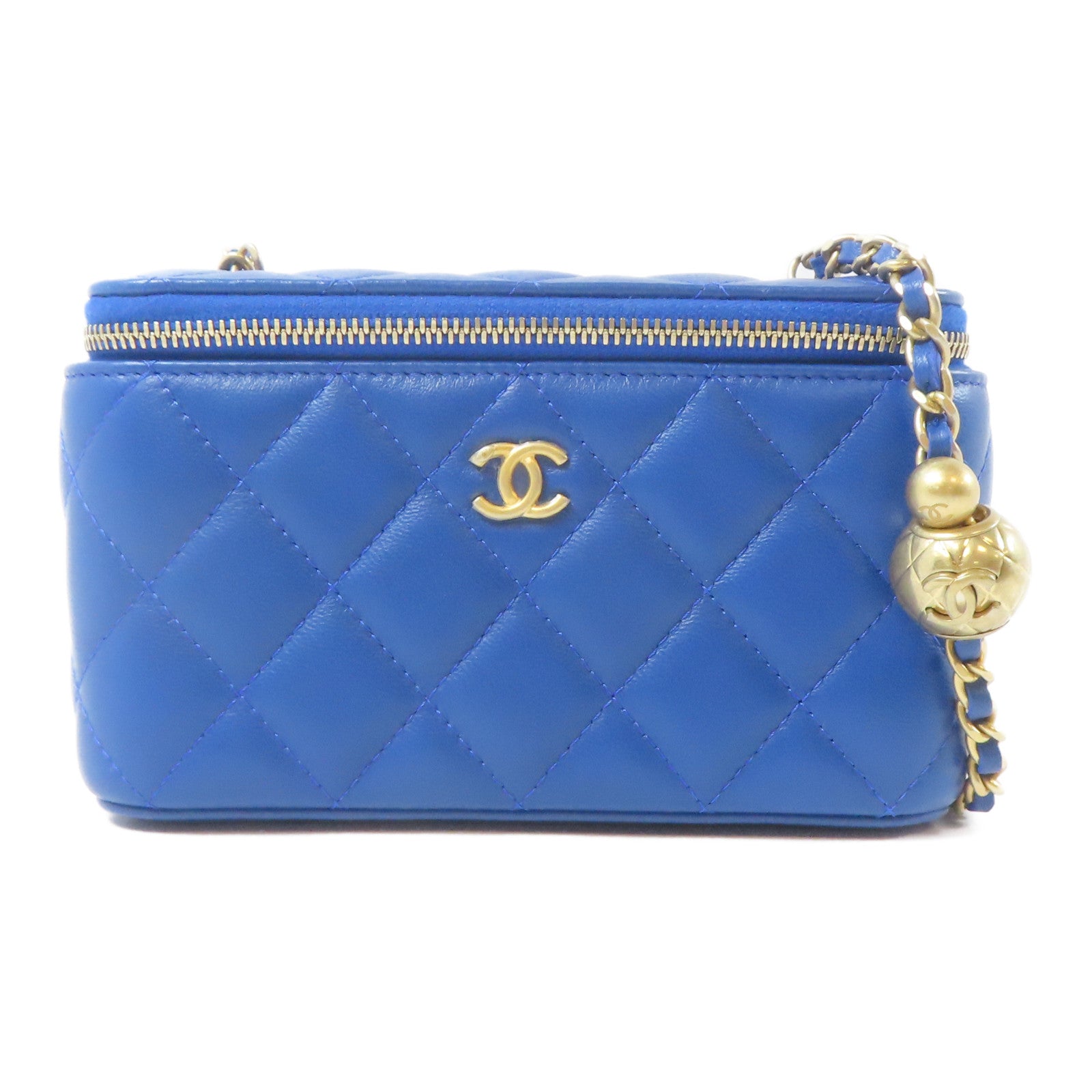 CHANEL 【激減優惠】菱格羊皮皮革Vanity Bag金扣鏈帶肩背袋藍色
