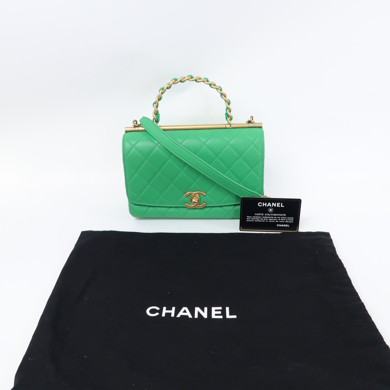 CHANEL 菱格牛皮皮革Top Handle Chain Shoulder金扣鏈帶手挽肩背兩用袋綠色