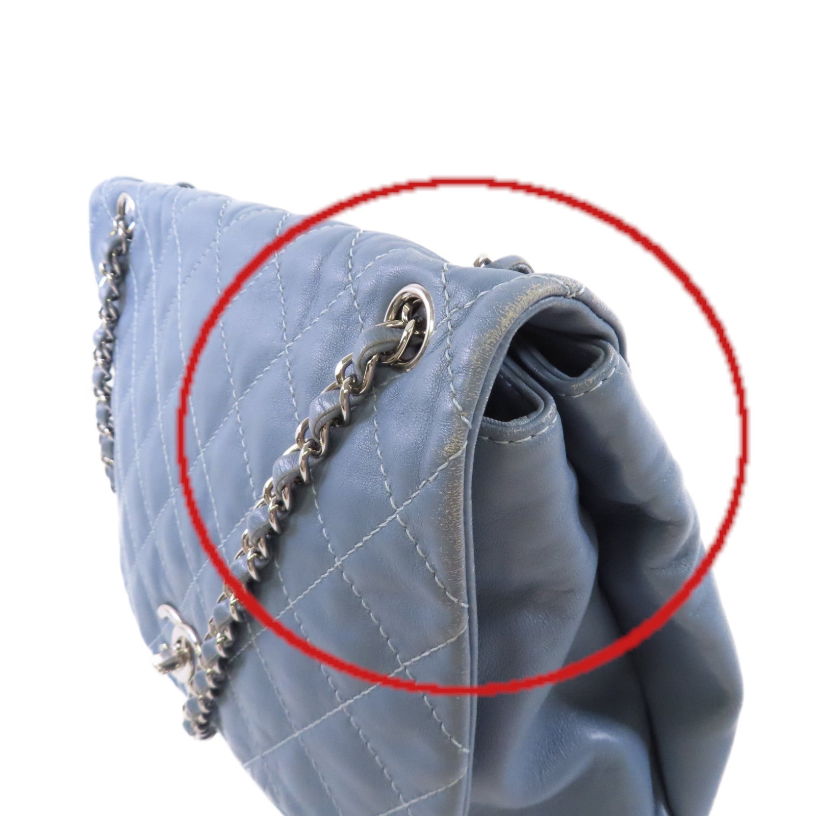 CHANEL 菱格羊皮皮革Chain Shoulder Bag銀扣鏈帶肩背袋灰藍色