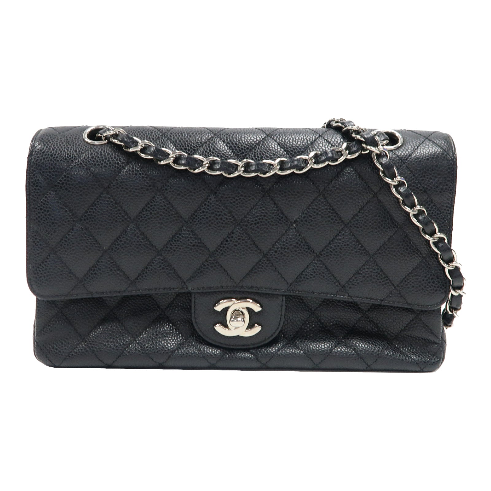 CHANEL 菱格Caviar皮革Classic 25銀扣鏈帶肩背袋黑色