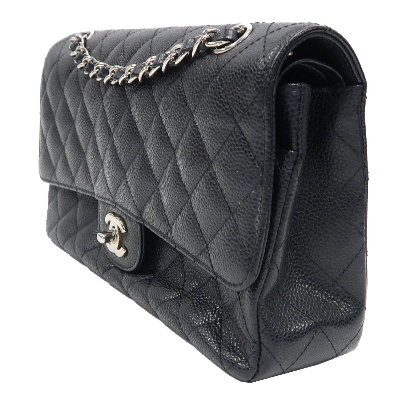 CHANEL 菱格Caviar皮革Classic 25銀扣鏈帶肩背袋黑色