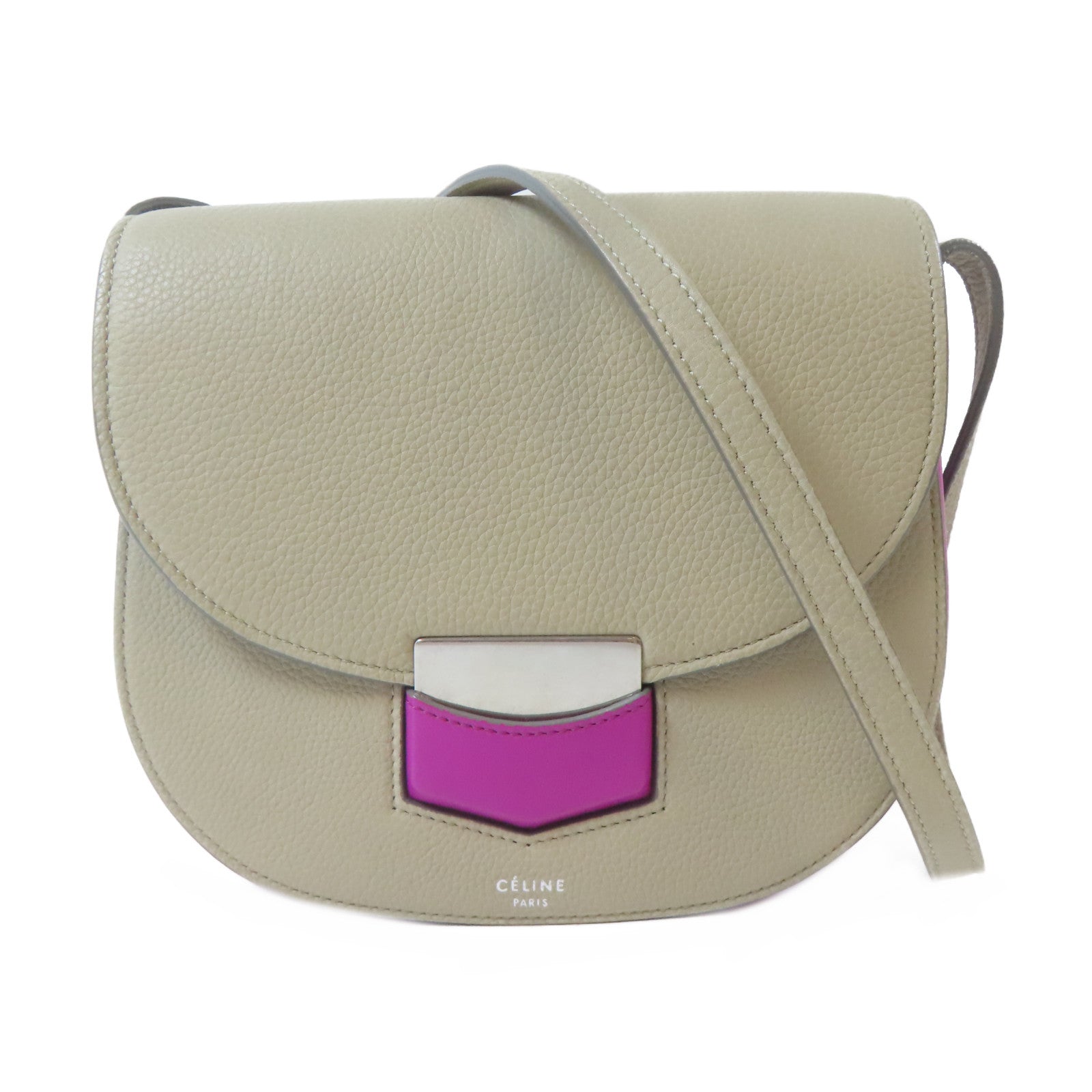 CELINE 牛皮皮革Trotteur bag銀扣肩背袋米色/紫色