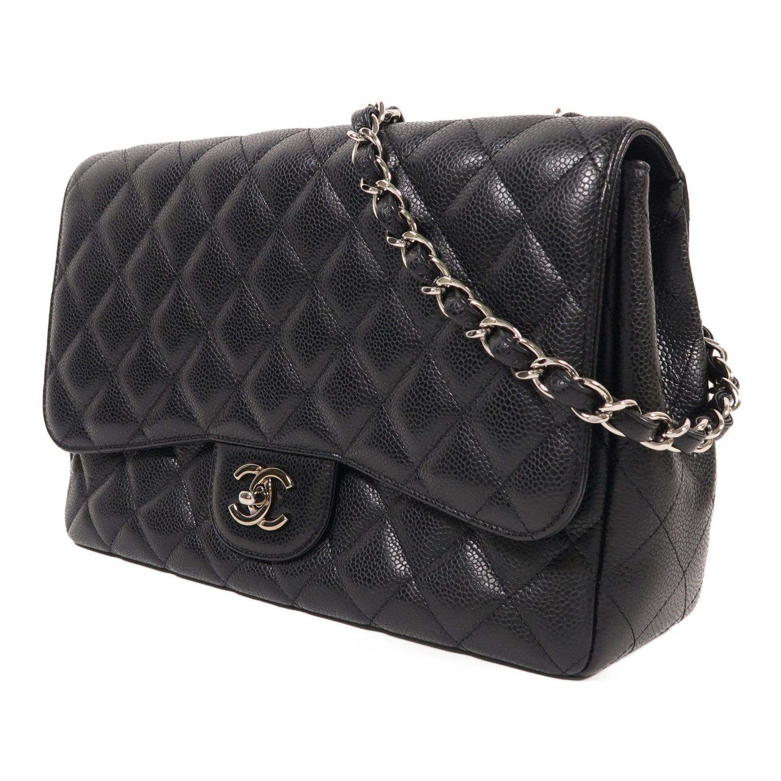 CHANEL 牛皮皮革Large Classic銀扣鏈帶肩背袋