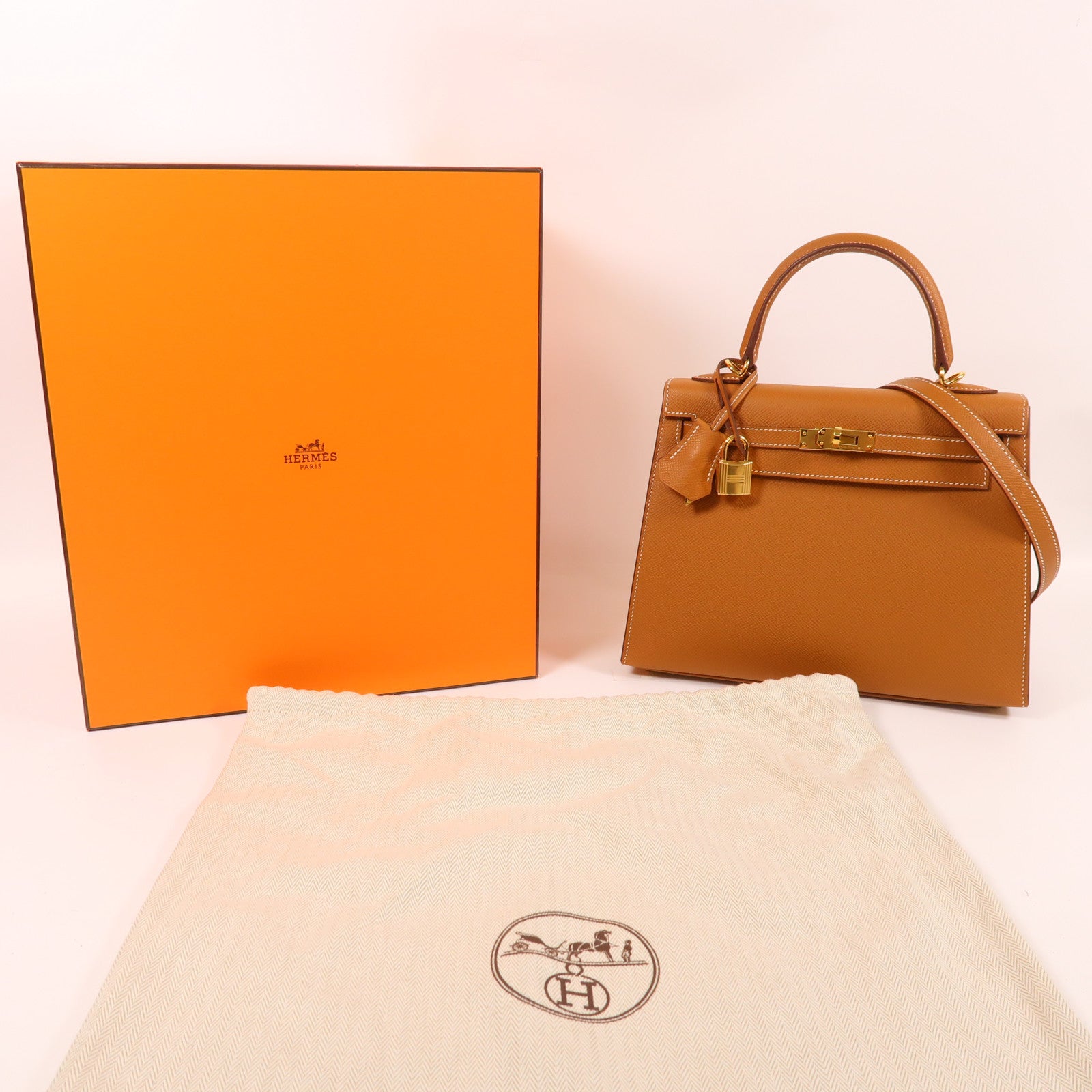 HERMES Epsom皮革Kelly 25金扣手挽肩背兩用袋金色