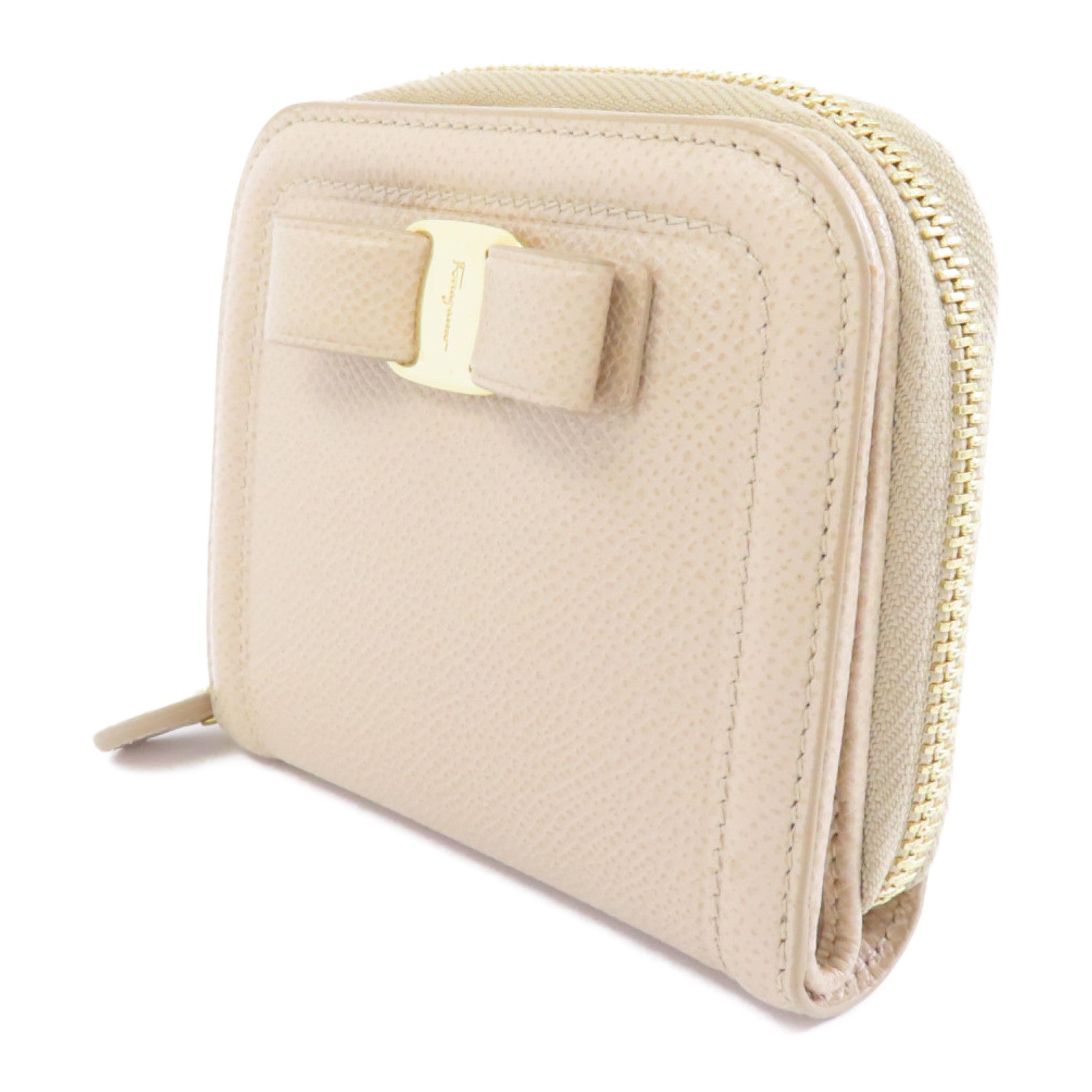 Salvatore Ferragamo 牛皮皮革Zipped Wallet金扣錢包米色