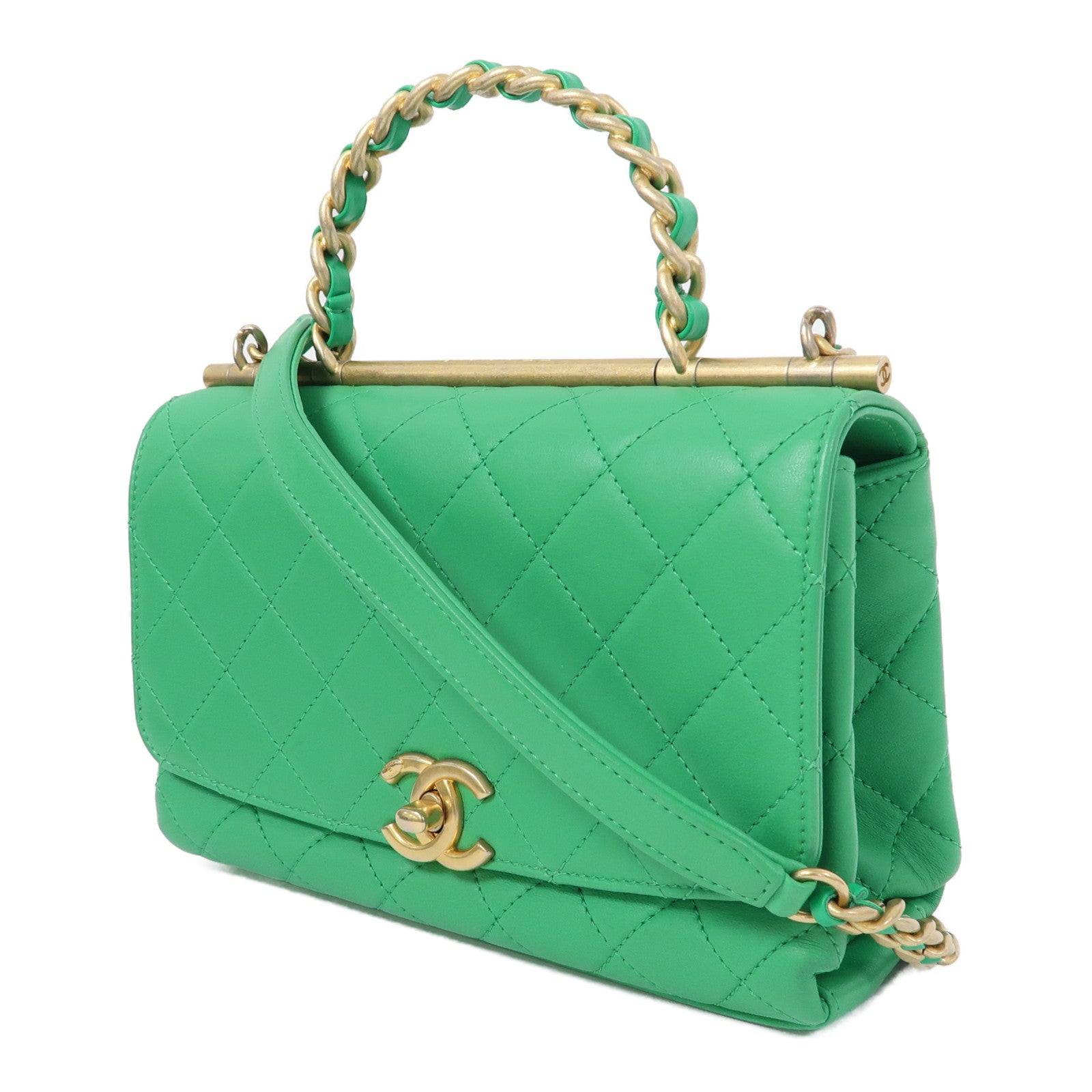 CHANEL 菱格牛皮皮革Top Handle Chain Shoulder金扣鏈帶手挽肩背兩用袋綠色
