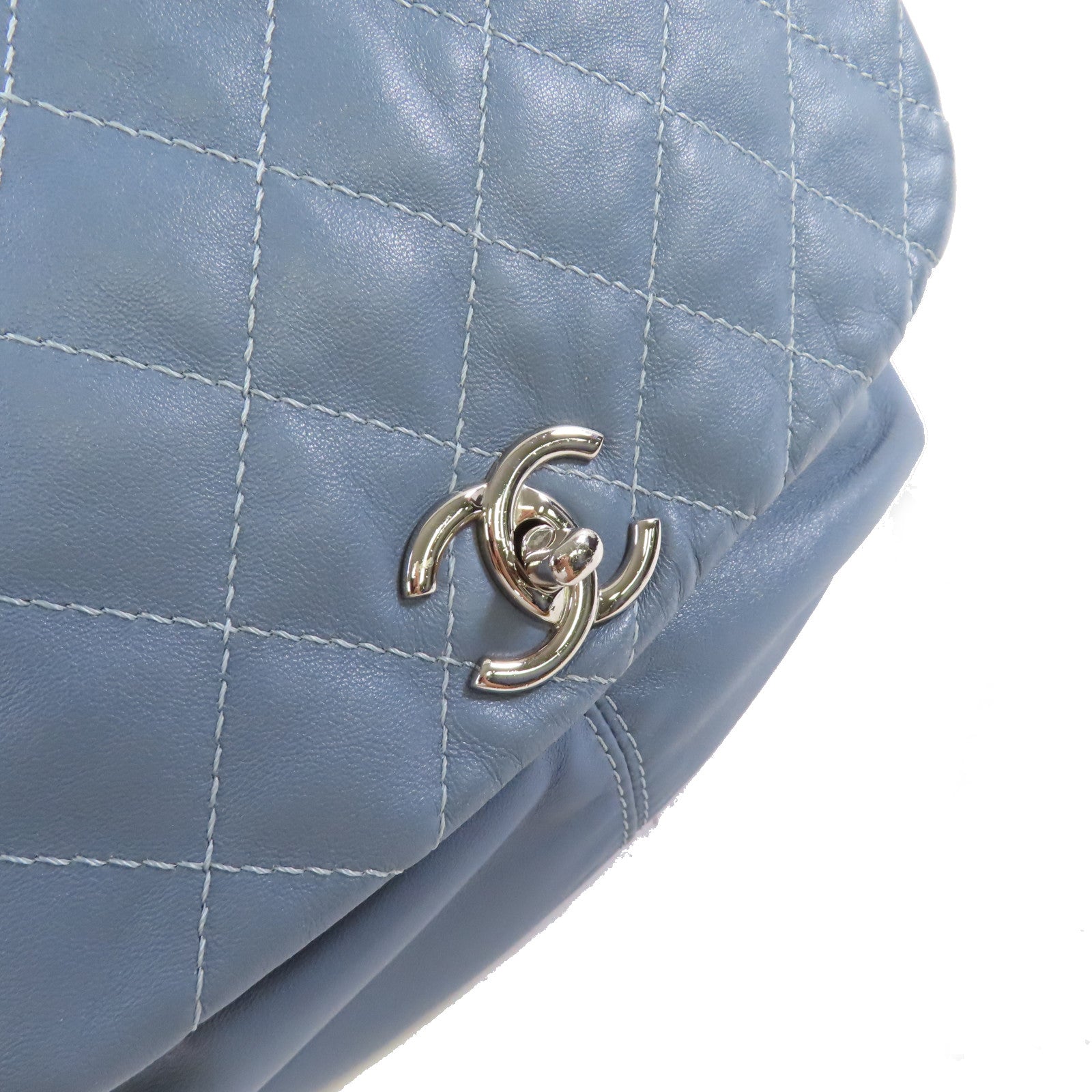 CHANEL 菱格羊皮皮革Chain Shoulder Bag銀扣鏈帶肩背袋灰藍色