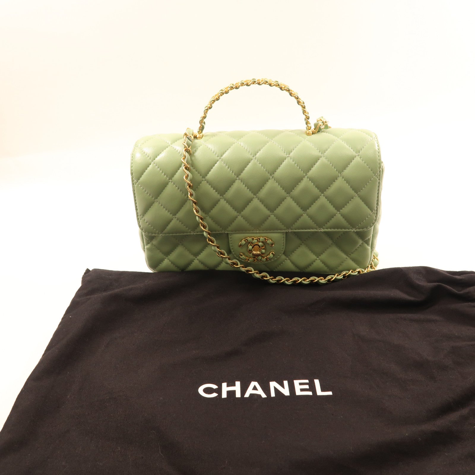 CHANEL 羊皮皮革2Way Shoulder金扣鏈帶手挽肩背兩用袋