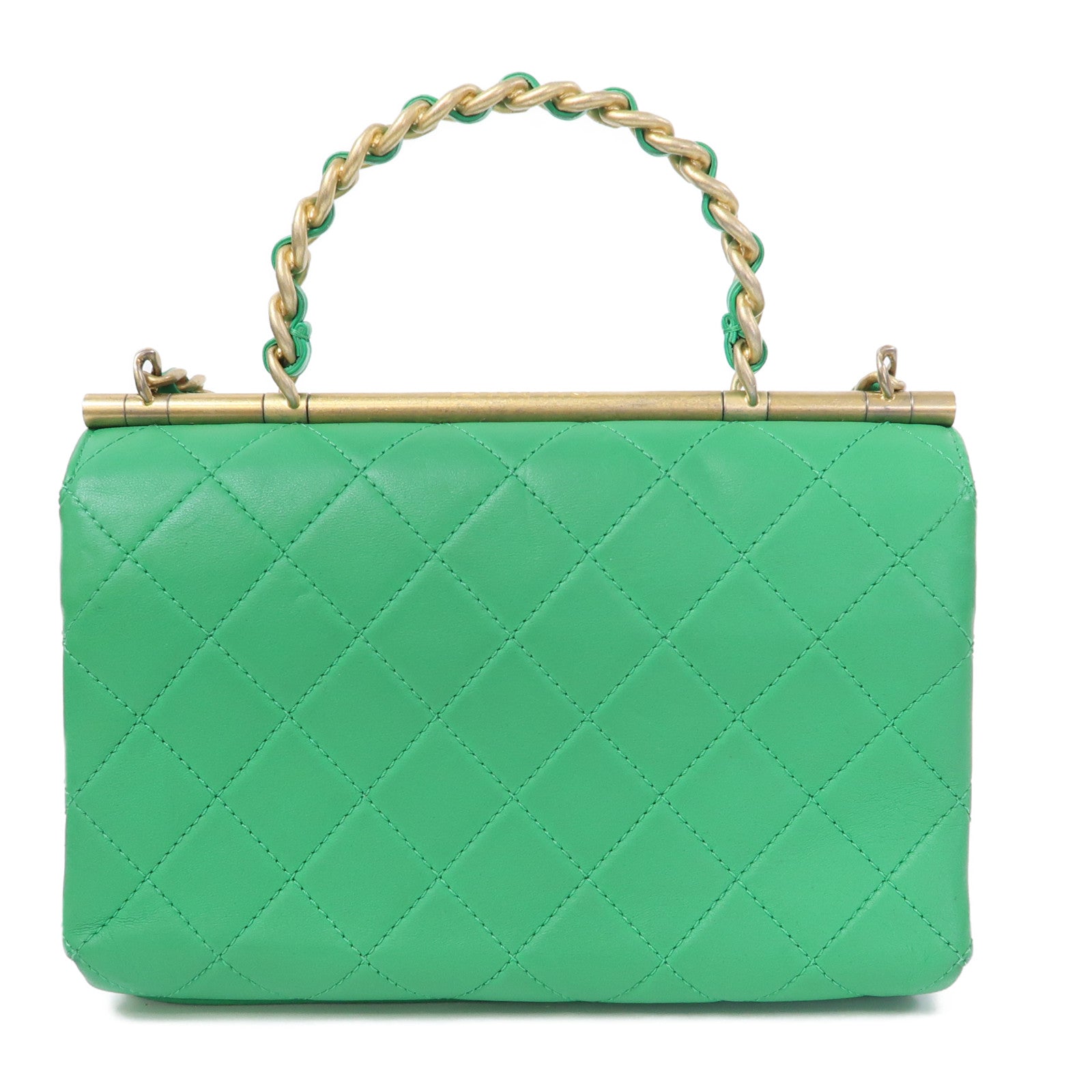 CHANEL 菱格牛皮皮革Top Handle Chain Shoulder金扣鏈帶手挽肩背兩用袋綠色