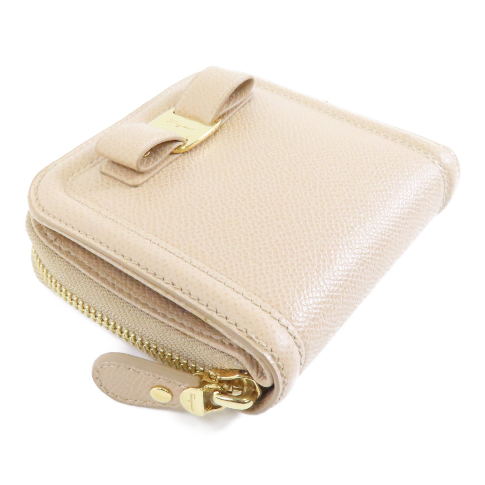 Salvatore Ferragamo 牛皮皮革Zipped Wallet金扣錢包米色