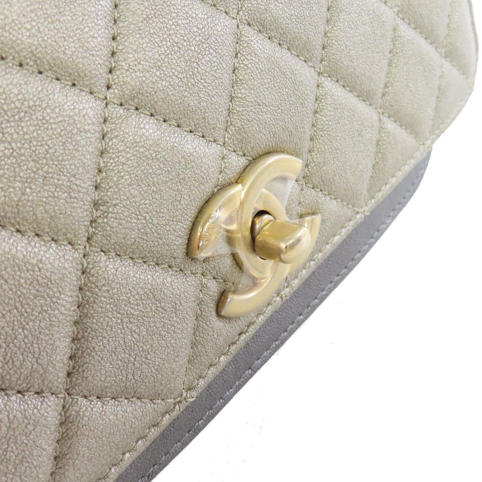 CHANEL 菱格牛皮皮革Camellia Flower Bag金扣鏈帶肩背袋灰色/金色