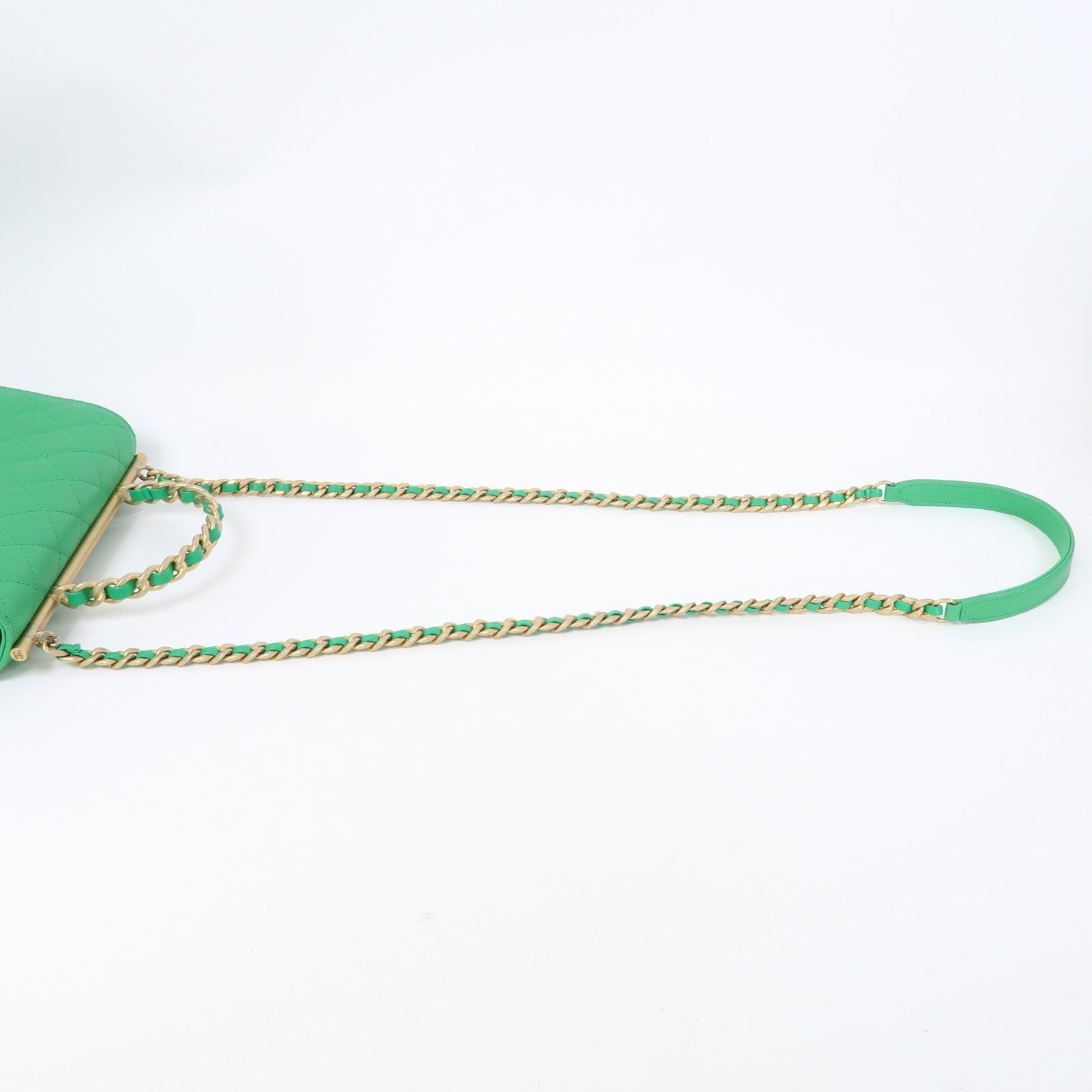 CHANEL 菱格牛皮皮革Top Handle Chain Shoulder金扣鏈帶手挽肩背兩用袋綠色