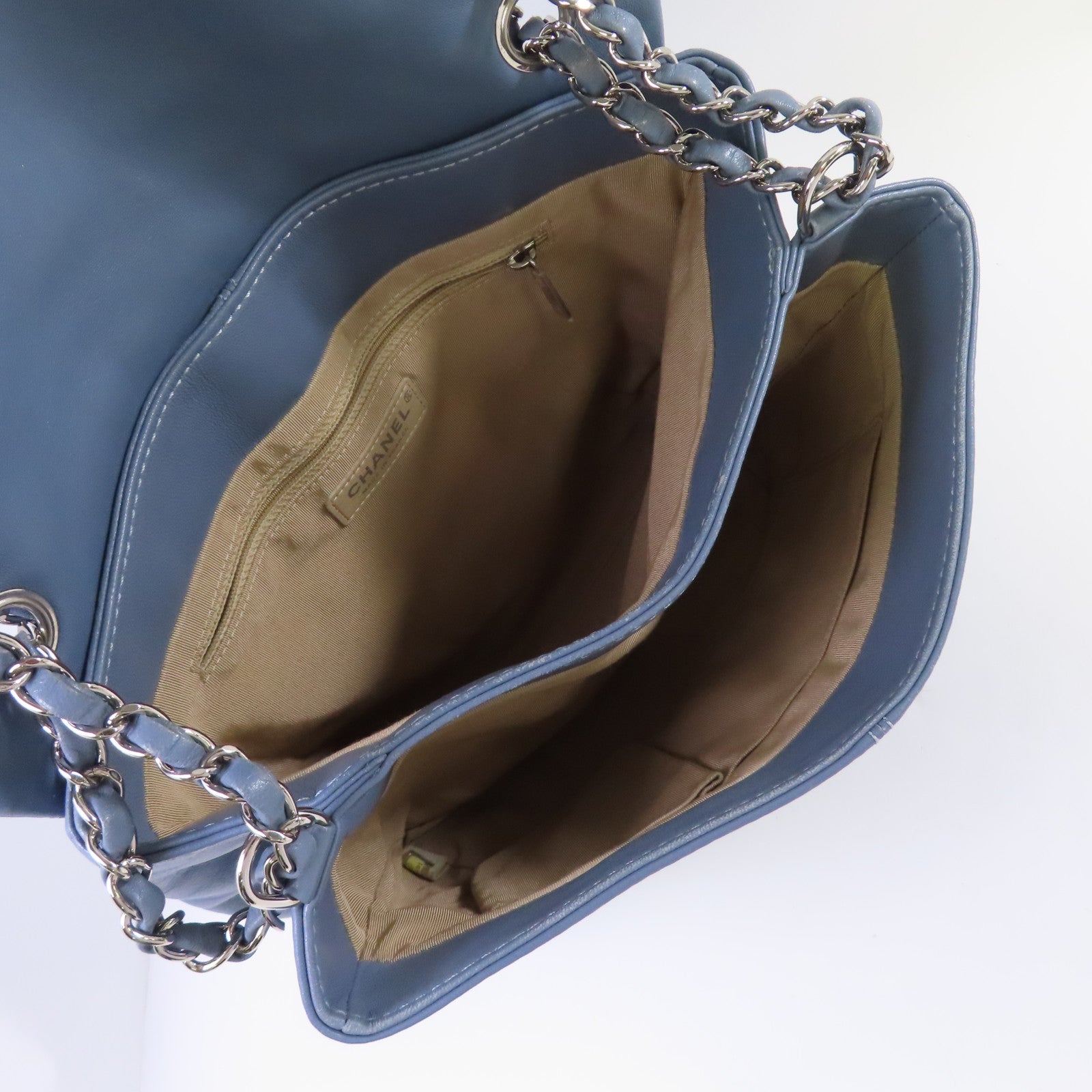 CHANEL 菱格羊皮皮革Chain Shoulder Bag銀扣鏈帶肩背袋灰藍色