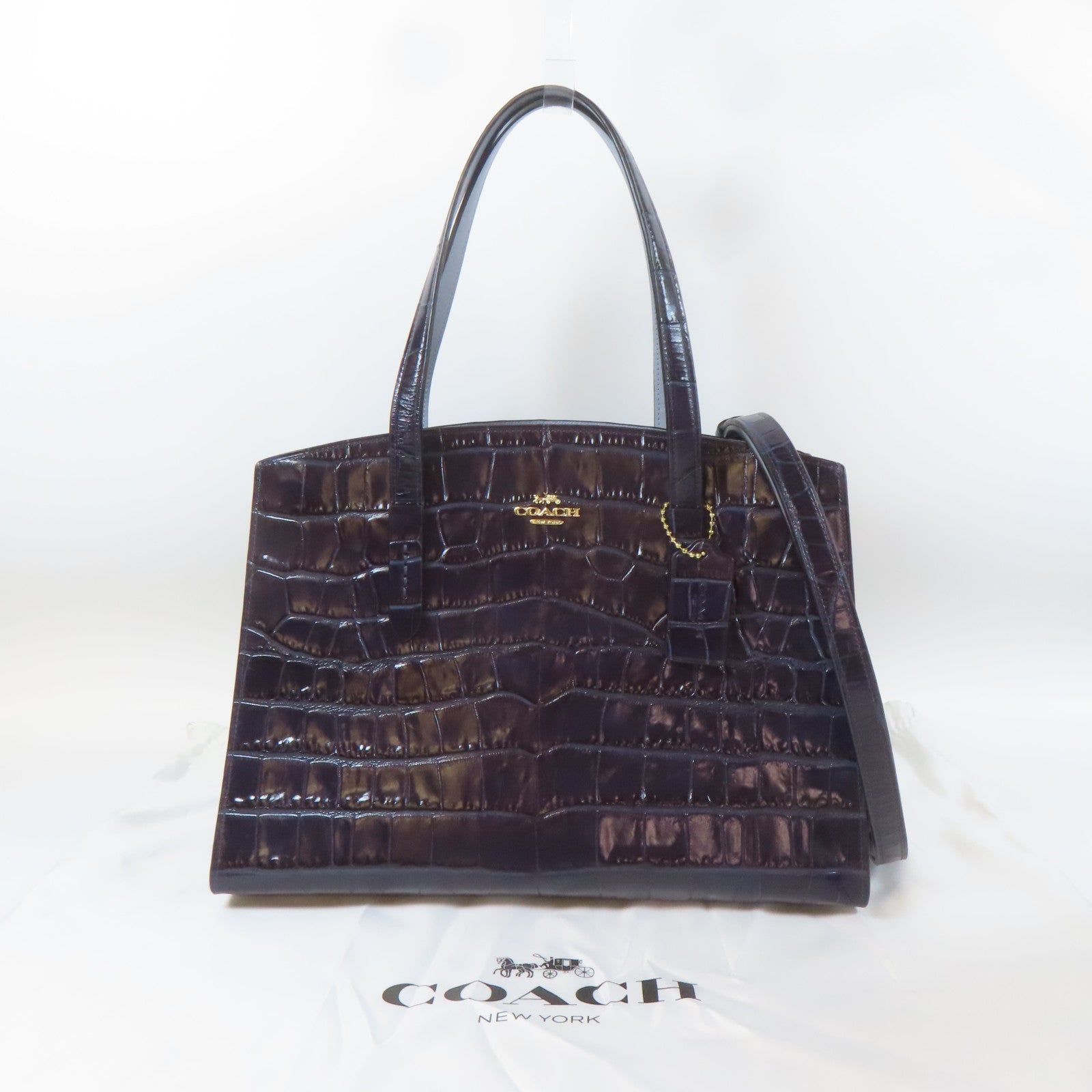 COACH 牛皮皮革2Way Shoulder銀扣手挽肩背兩用袋深藍色
