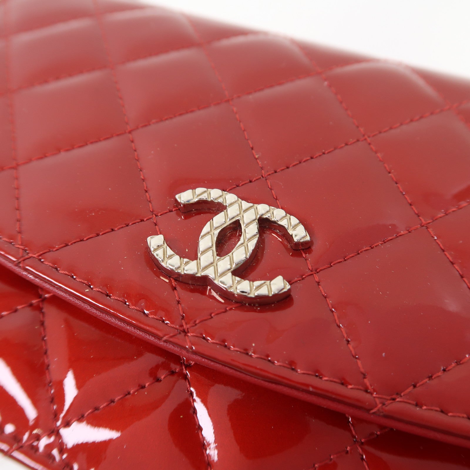 CHANEL 菱格漆皮皮革Wallet On Chain銀扣鏈帶肩背袋紅色