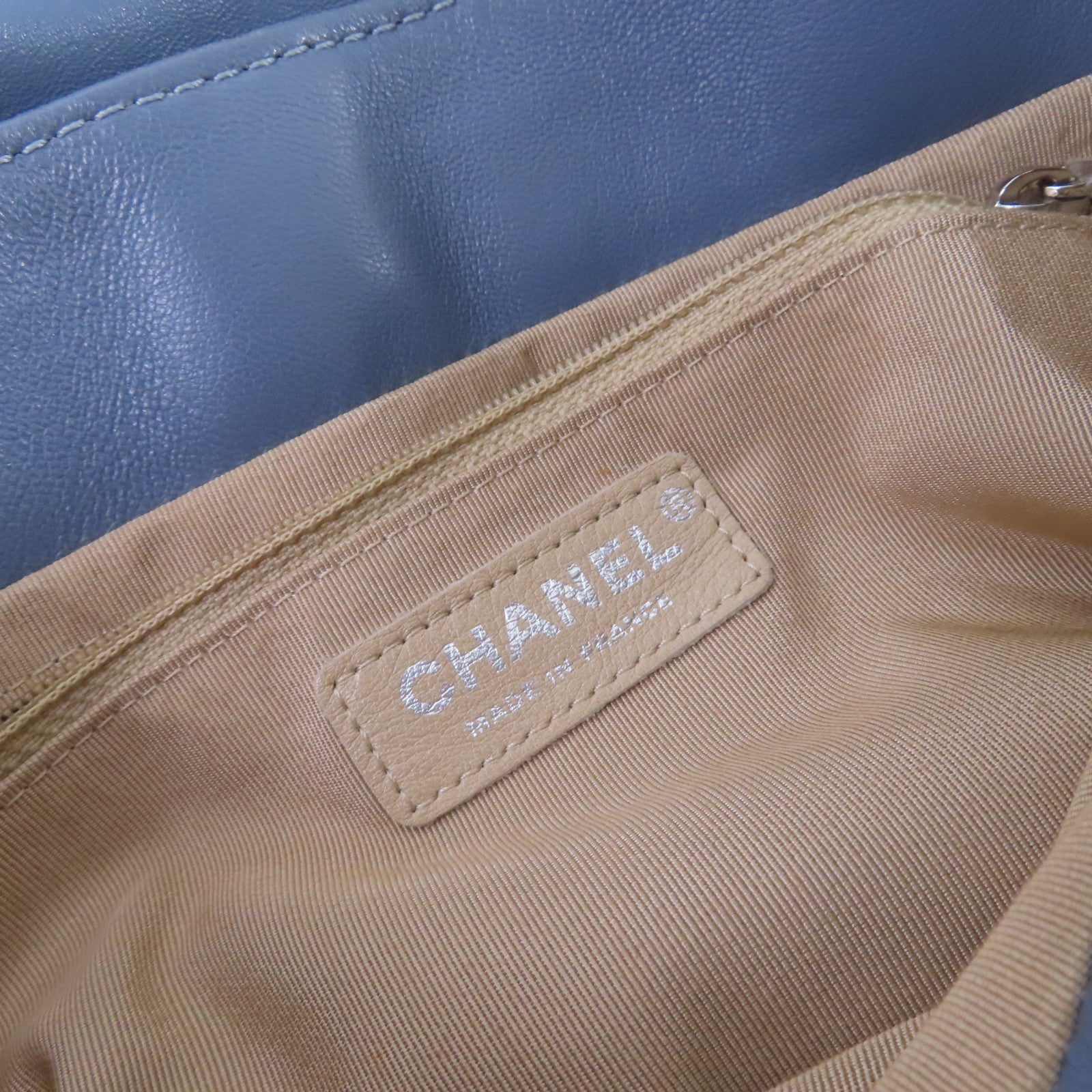 CHANEL 菱格羊皮皮革Chain Shoulder Bag銀扣鏈帶肩背袋灰藍色