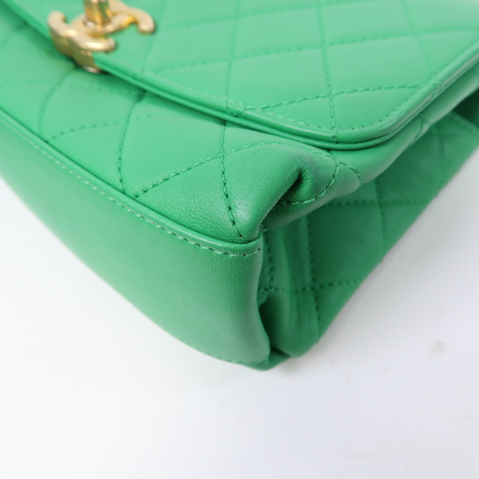 CHANEL 菱格牛皮皮革Top Handle Chain Shoulder金扣鏈帶手挽肩背兩用袋綠色