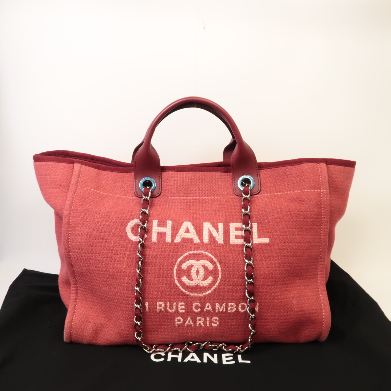 CHANEL 【激減優惠】帆布Deauville銀扣鏈帶肩背袋粉紅色