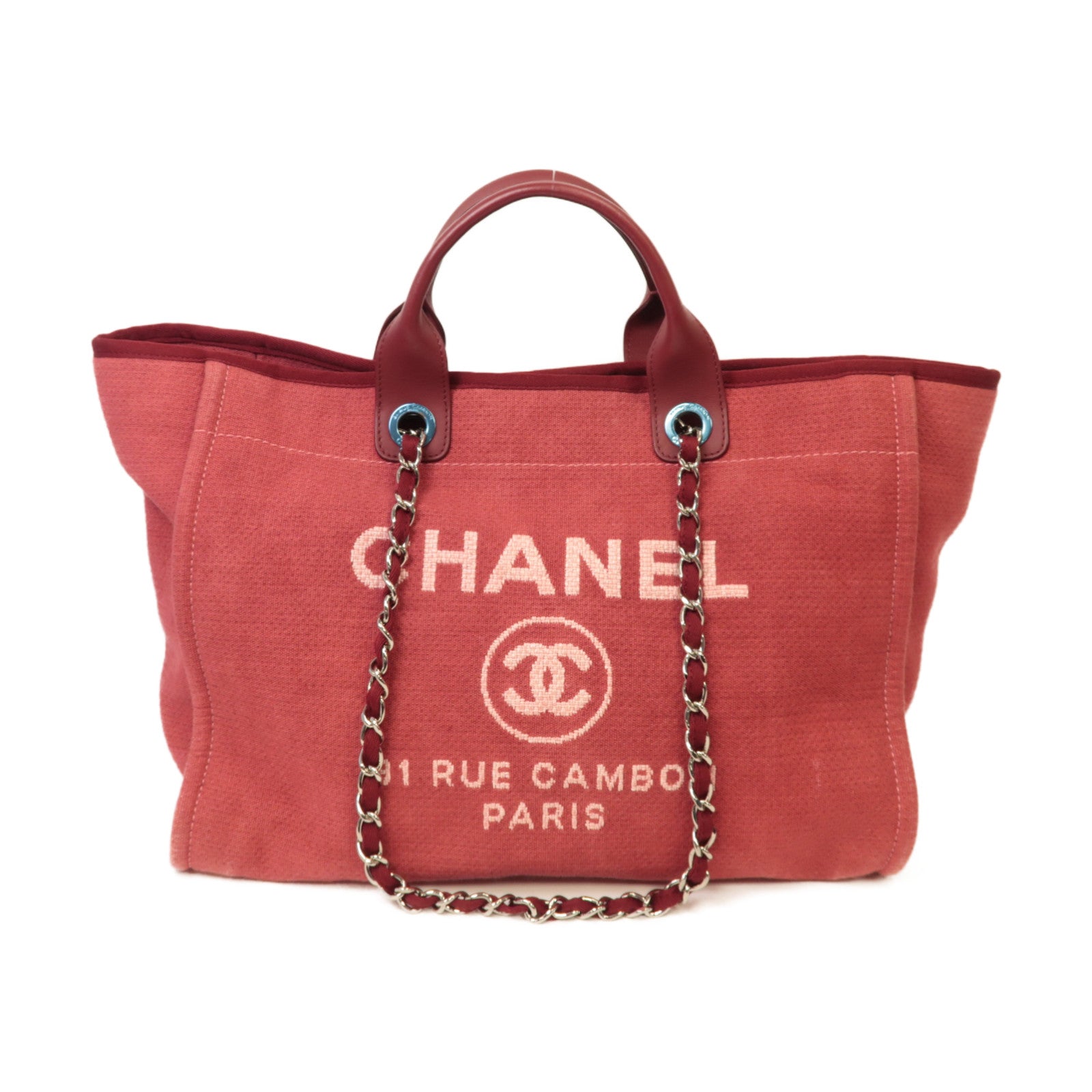 CHANEL 【激減優惠】帆布Deauville銀扣鏈帶肩背袋粉紅色