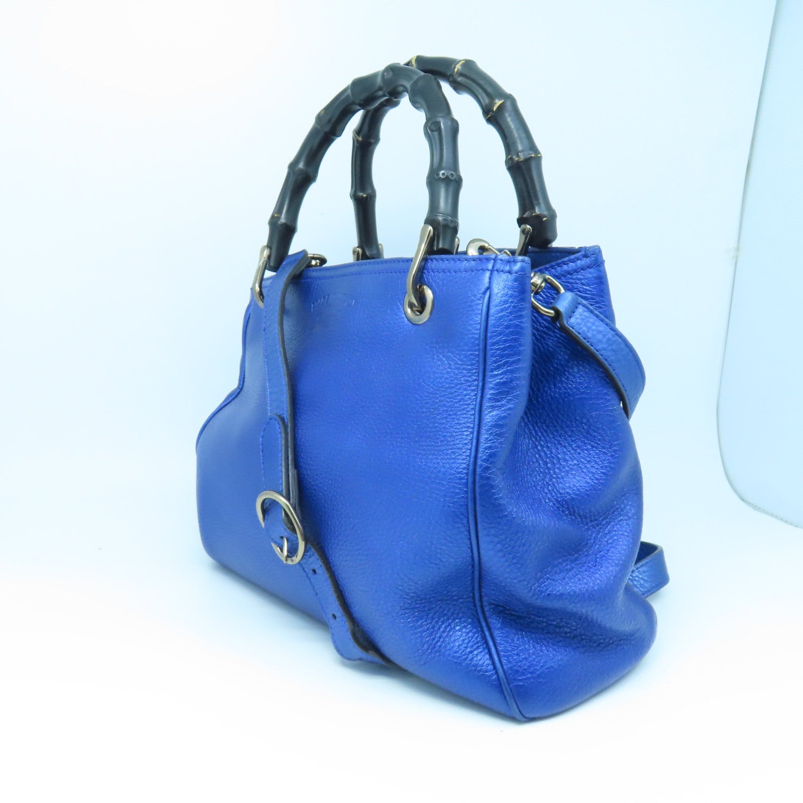 GUCCI leather Bamboo 2way Shoulder silver buckle handle shoulder bag blue