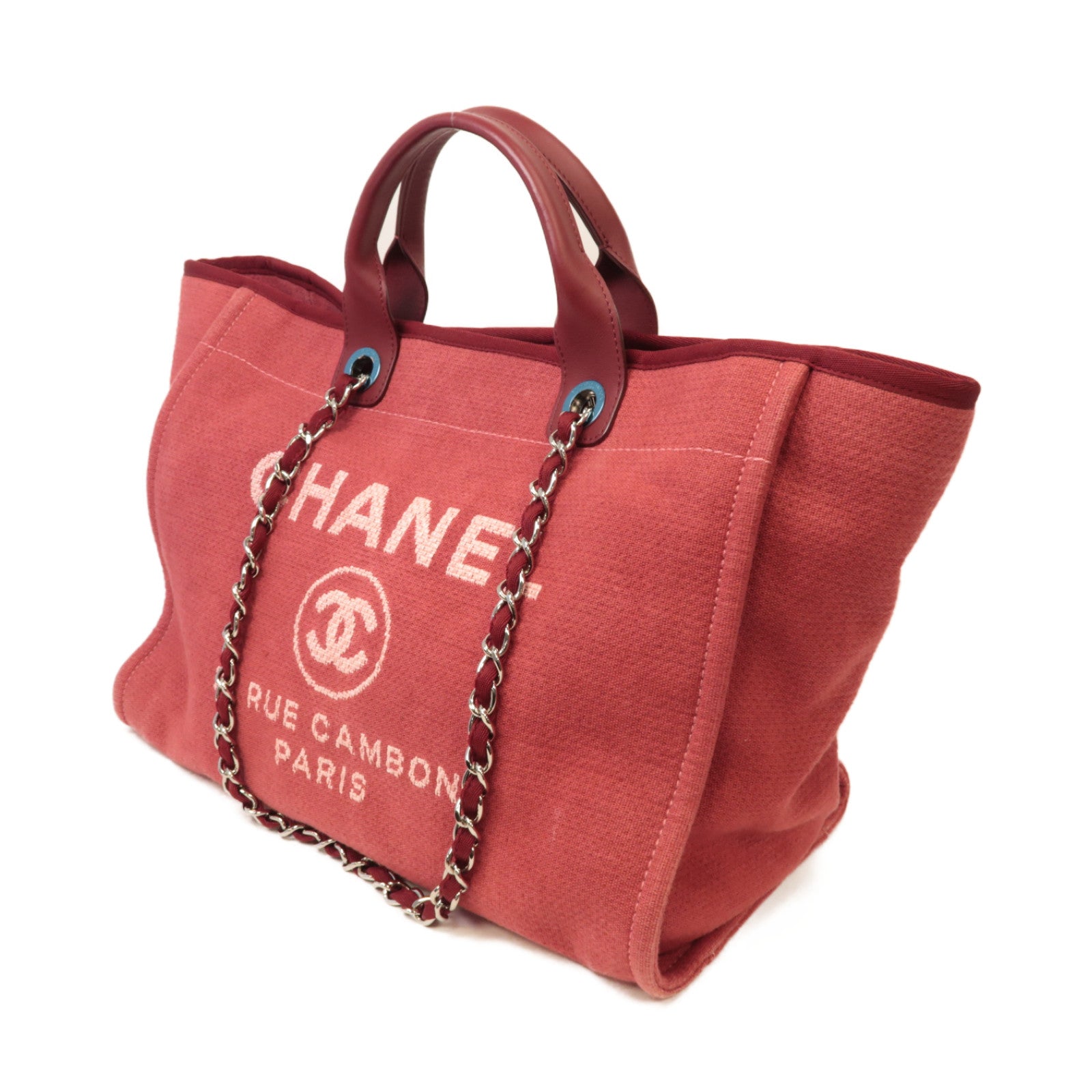 CHANEL 【激減優惠】帆布Deauville銀扣鏈帶肩背袋粉紅色