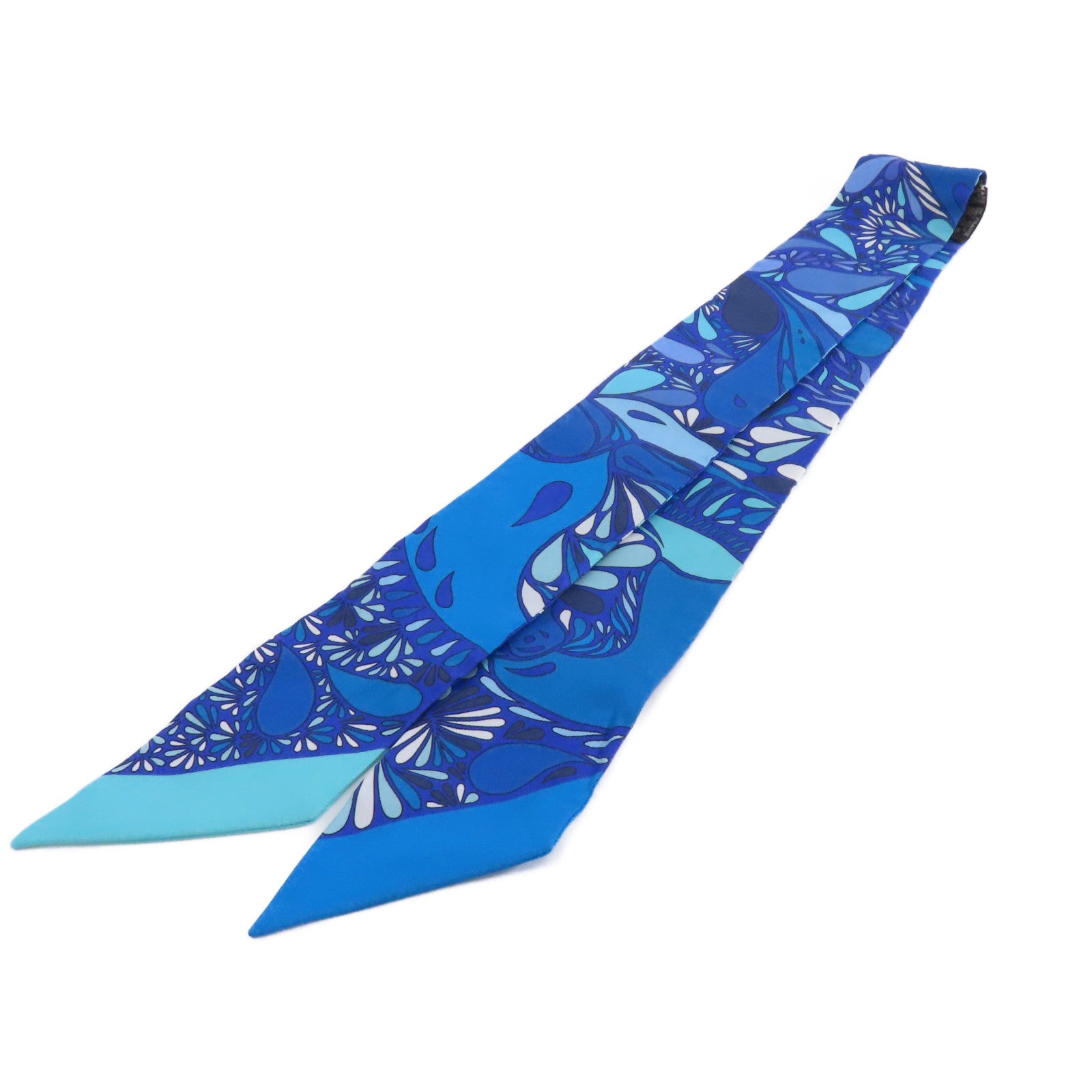 HERMES 絲質Twilly絲巾淺藍色/綠色