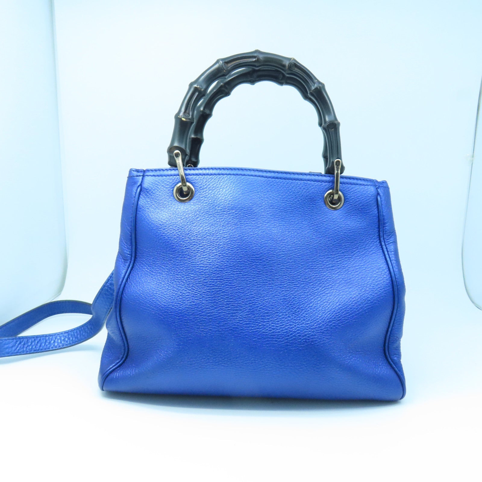 GUCCI leather Bamboo 2way Shoulder silver buckle handle shoulder bag blue