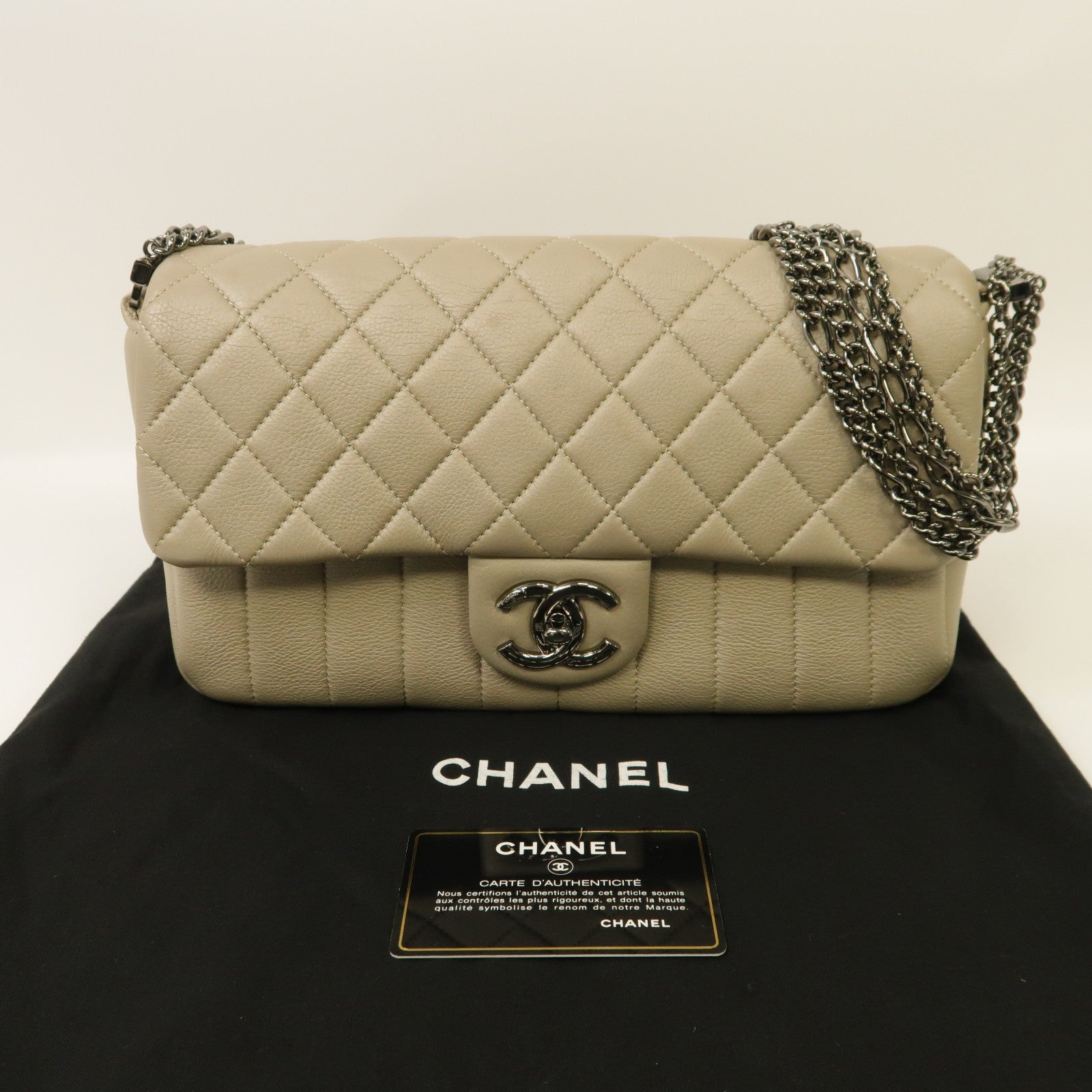 CHANEL 【激減優惠】牛皮皮革Chain Shoulder銀扣肩背袋灰色