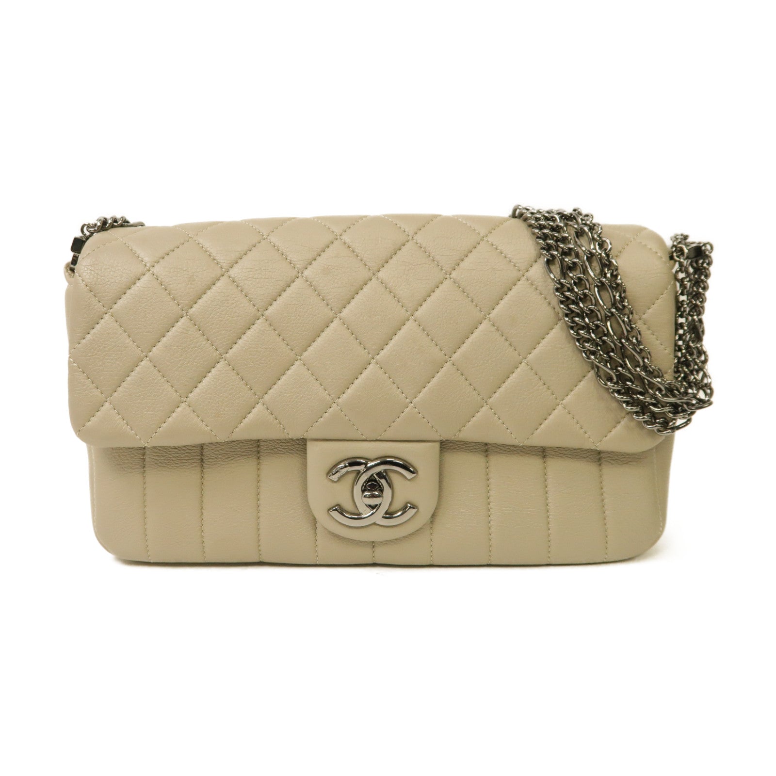 CHANEL 【激減優惠】牛皮皮革Chain Shoulder銀扣肩背袋灰色