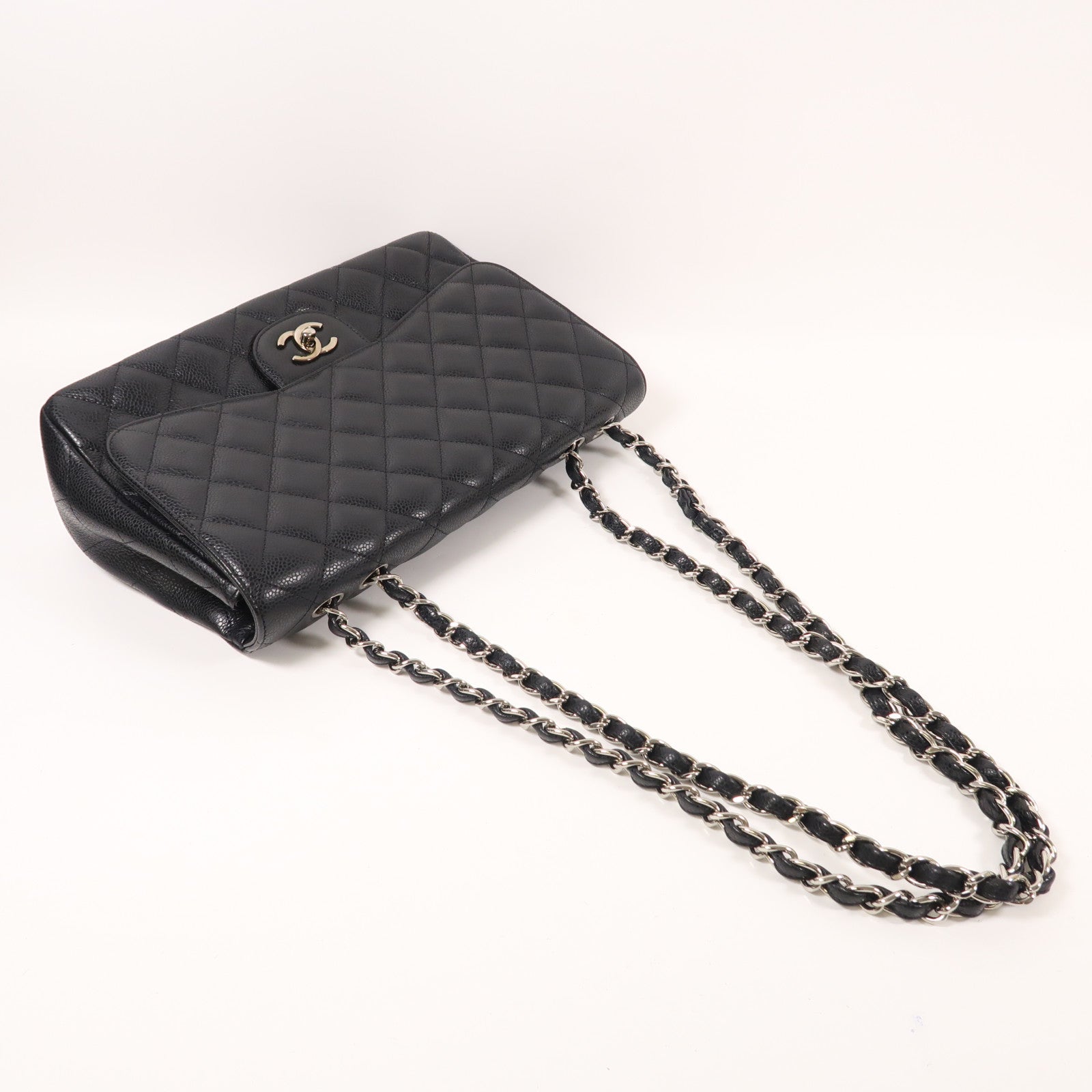 CHANEL 牛皮皮革Large Classic銀扣鏈帶肩背袋