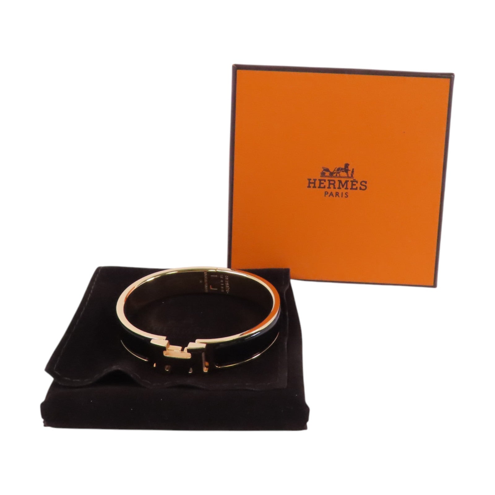 HERMES GHW Clic-Clac H Bracelet Bangle Metal Enamel Black