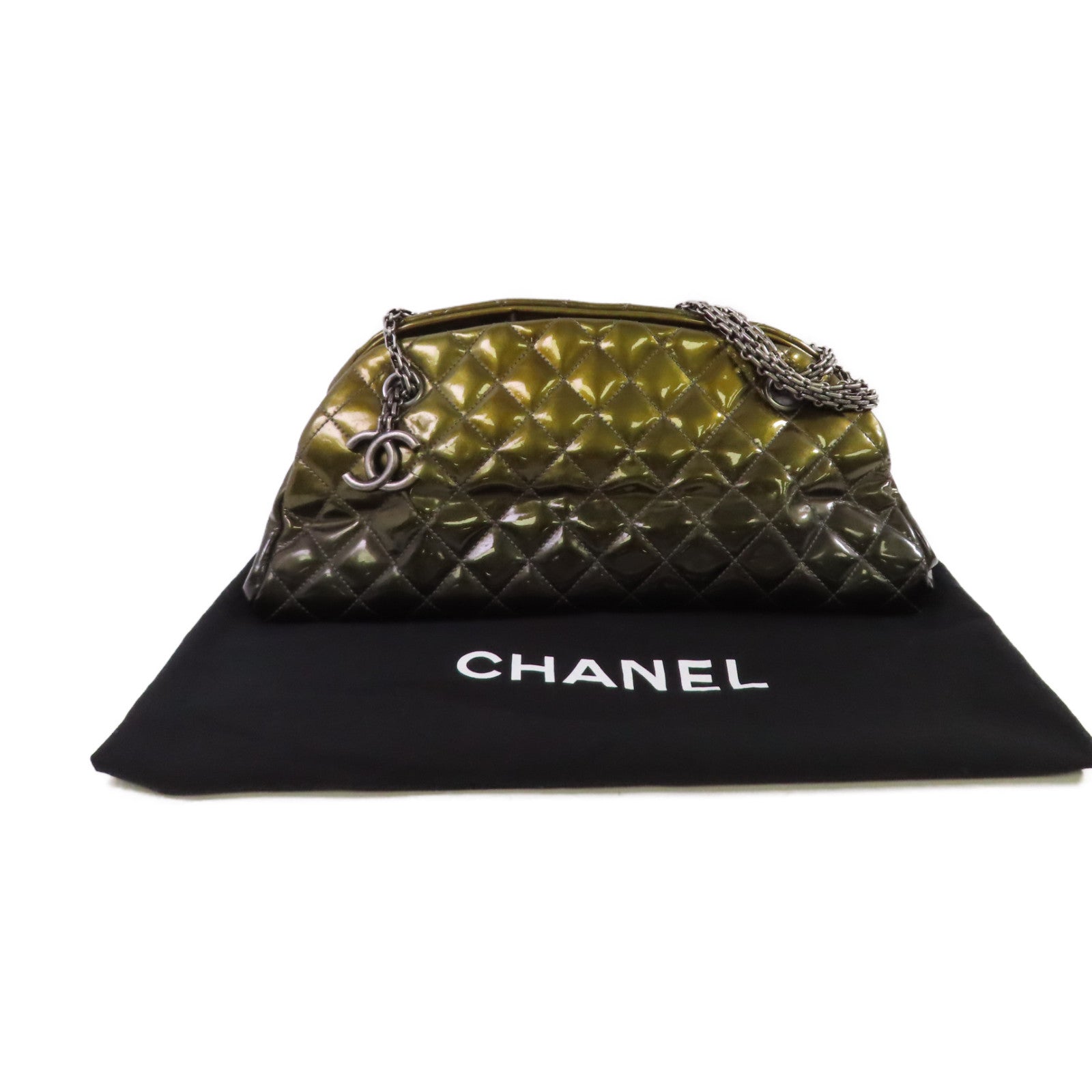 CHANEL 【激減優惠】菱格漆皮皮革Chain Shoulder Bag銀扣鏈帶肩背袋金黃色/軍綠色