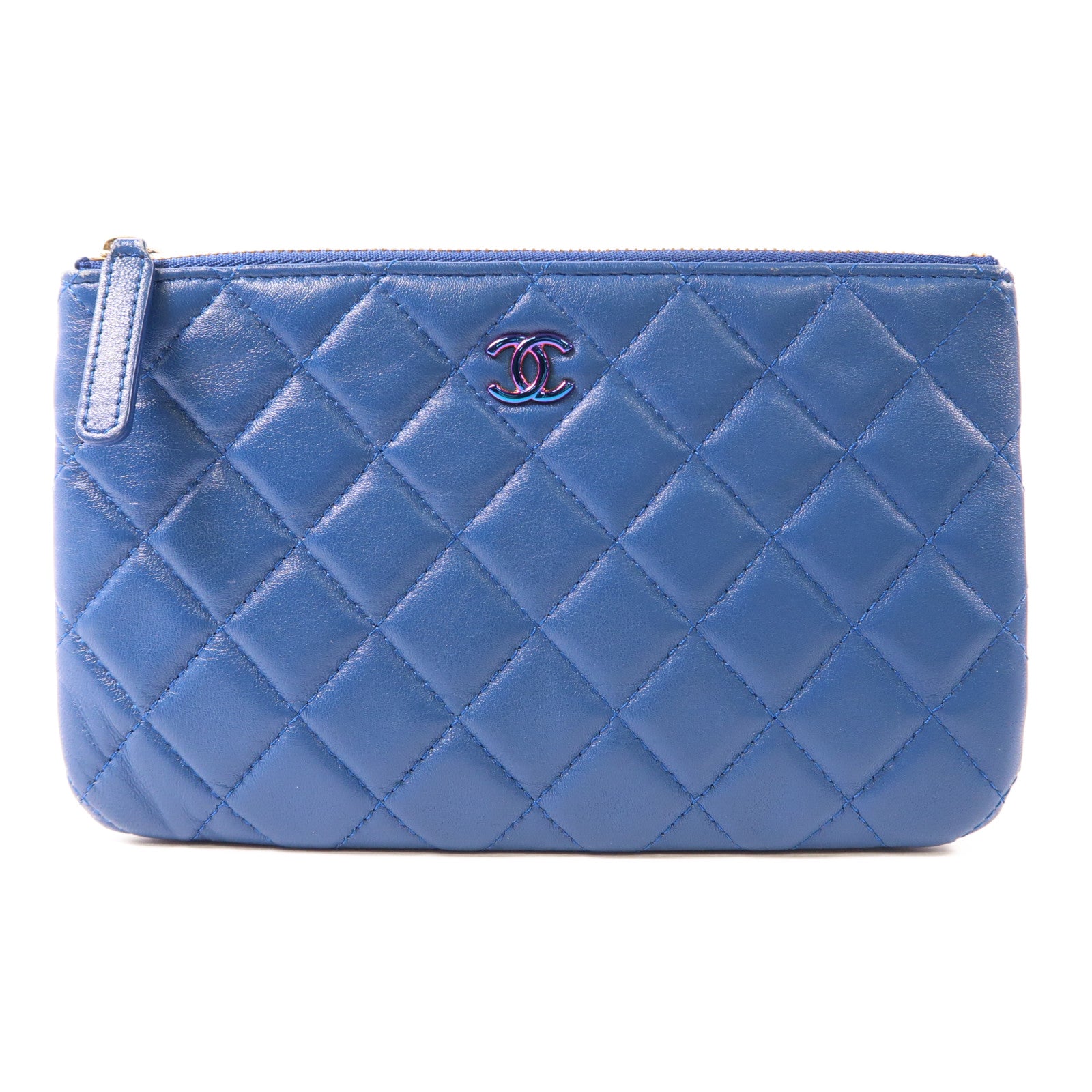 CHANEL 羊皮皮革Pouch Wallet金扣手拿包/長錢包藍色