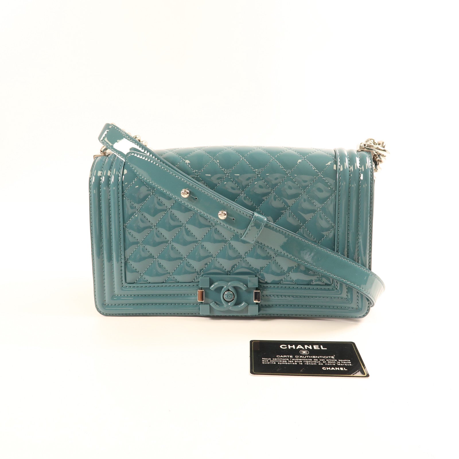 CHANEL CC SHW Boy 25 Chain Shoulder Bag Patent Leather Green