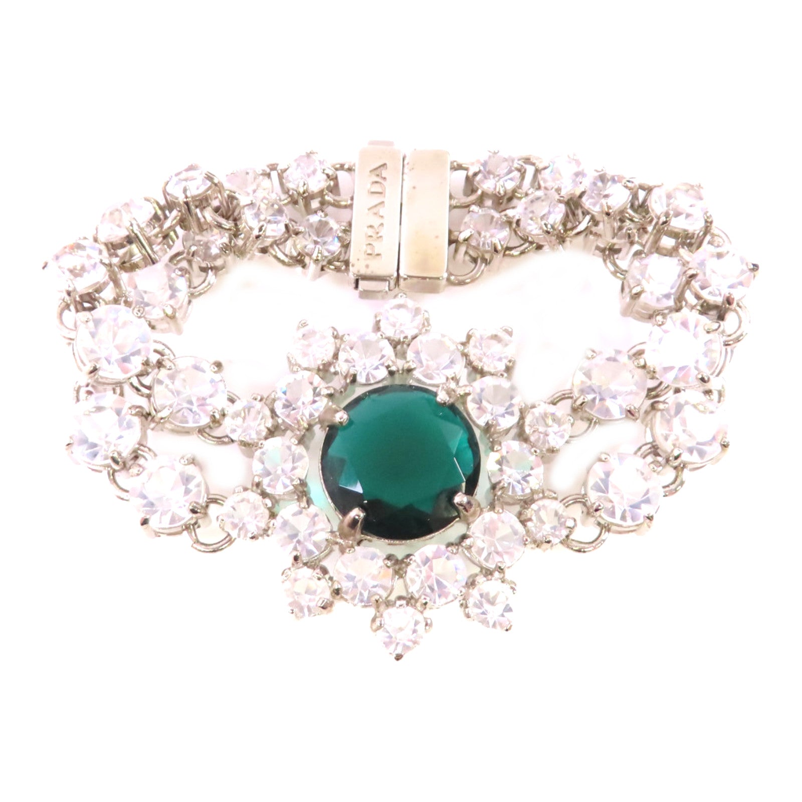 PRADA 金屬/水晶玻璃Bracelet銀扣手鏈綠色
