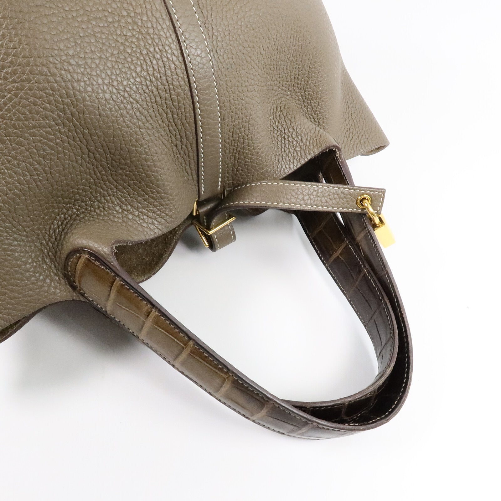 HERMES Clemence/鱷魚皮革Picotin MM扣手挽袋Etoupe